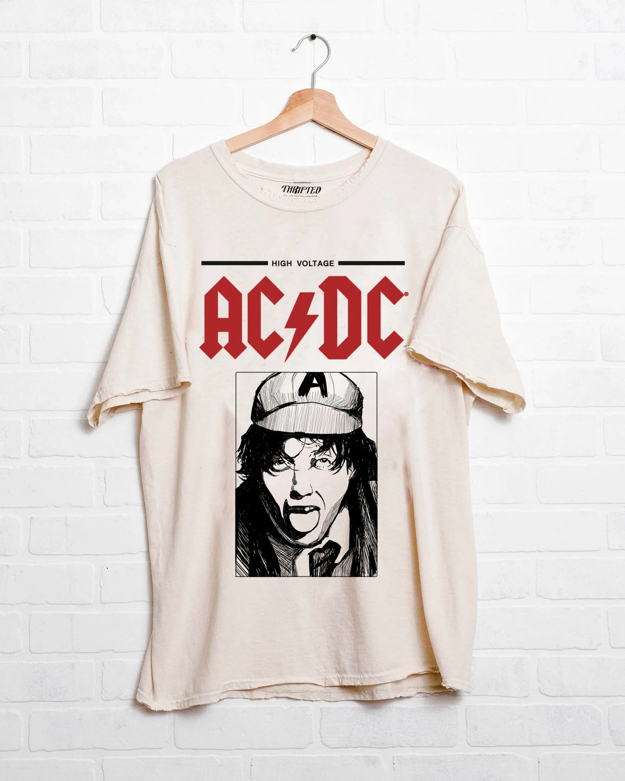 ACDC High Voltage Sketch Off White Thrifted Distressed Tee