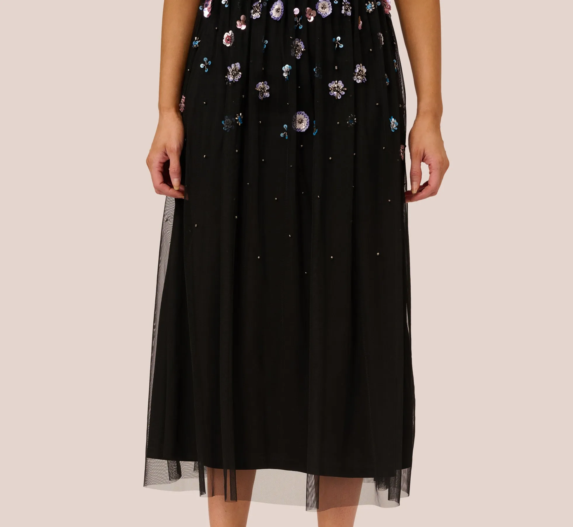 Ankle-Length Gown With Multicolor Floral Beading In Black Multi