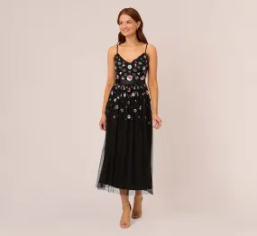 Ankle-Length Gown With Multicolor Floral Beading In Black Multi