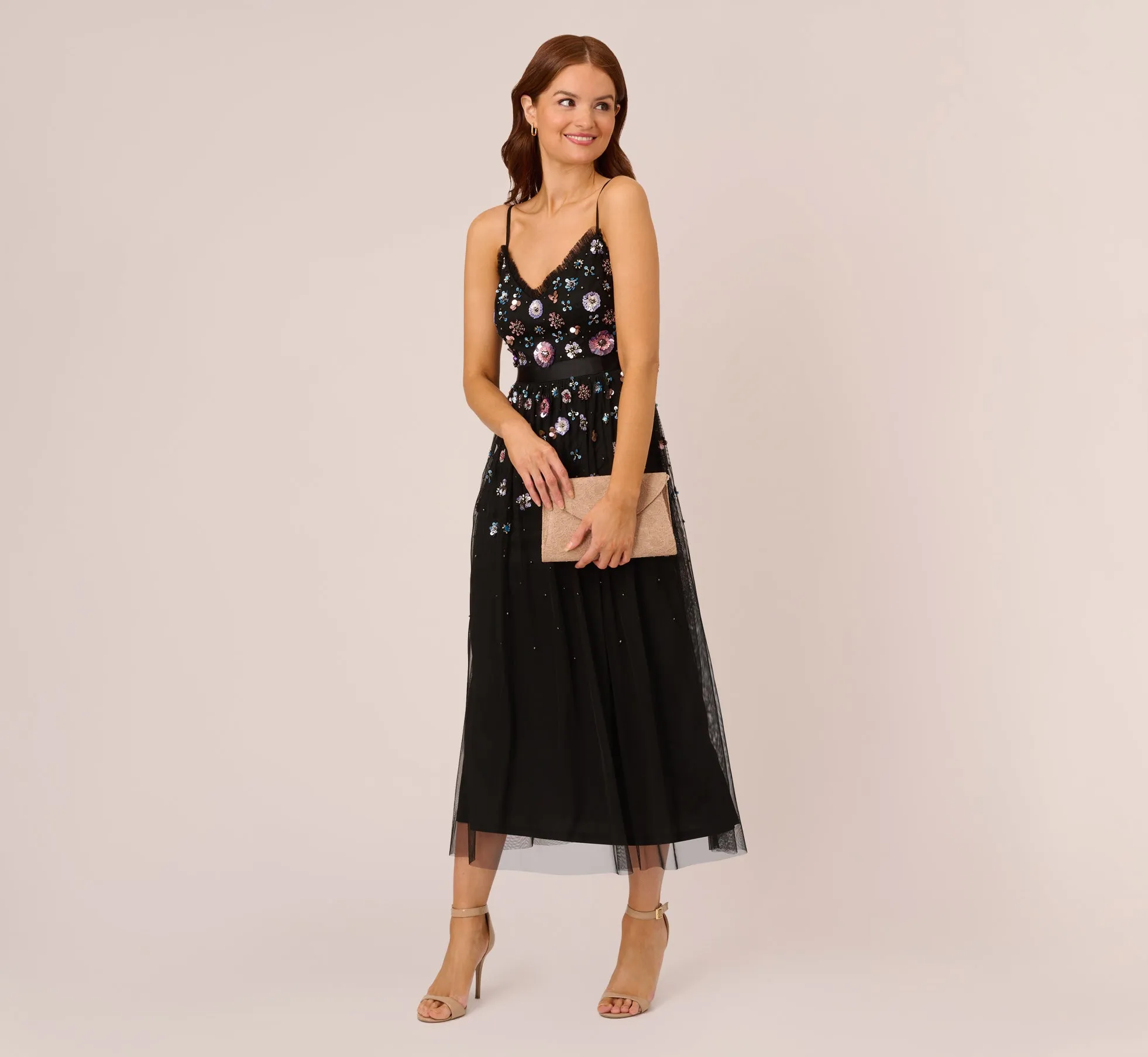 Ankle-Length Gown With Multicolor Floral Beading In Black Multi