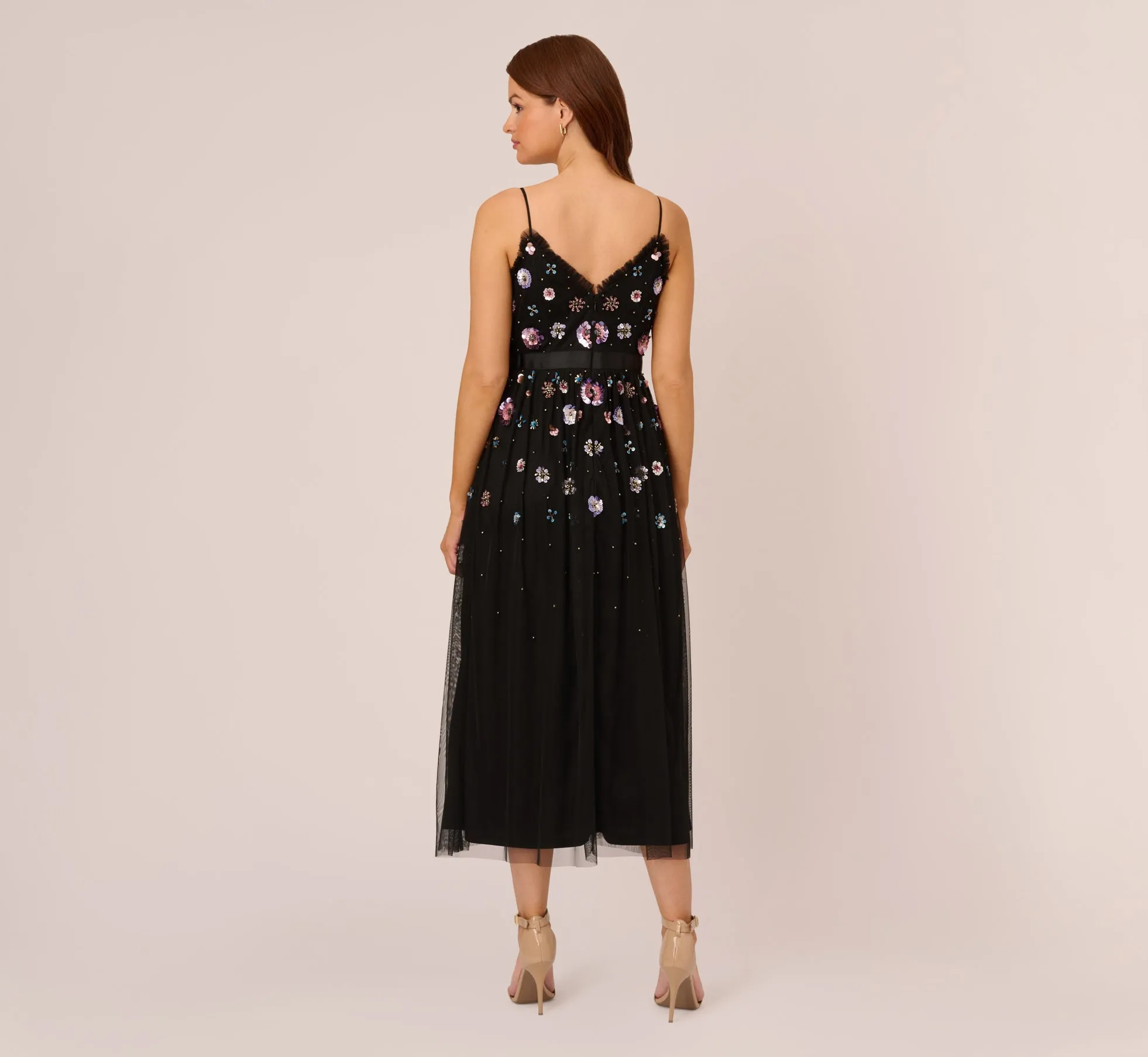 Ankle-Length Gown With Multicolor Floral Beading In Black Multi