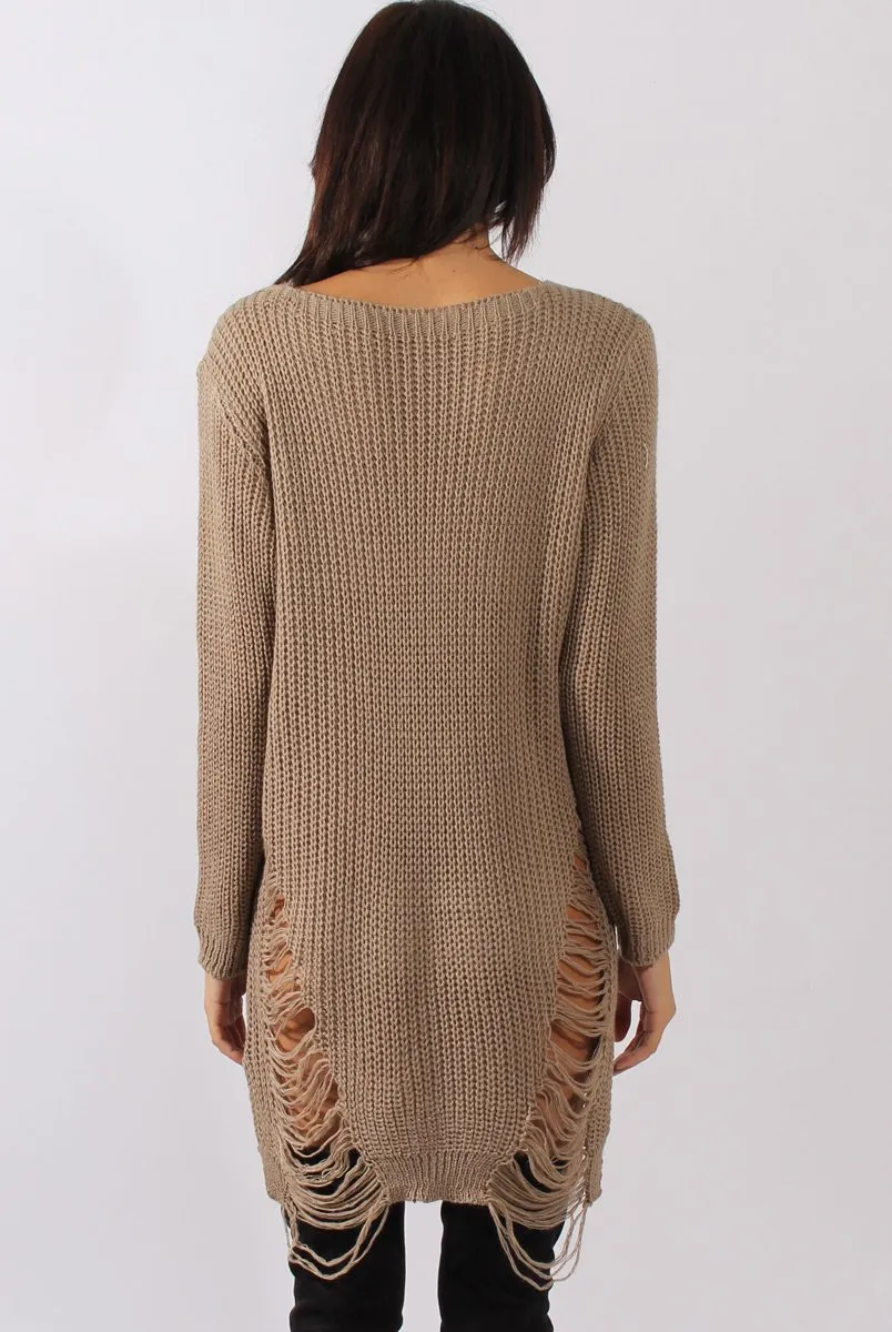 Beige Distressed Jumper Dress - Kim