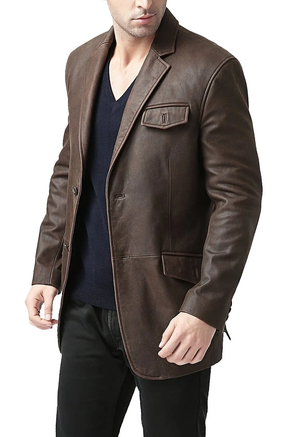 BGSD Men Two-Button Cowhide Leather Blazer