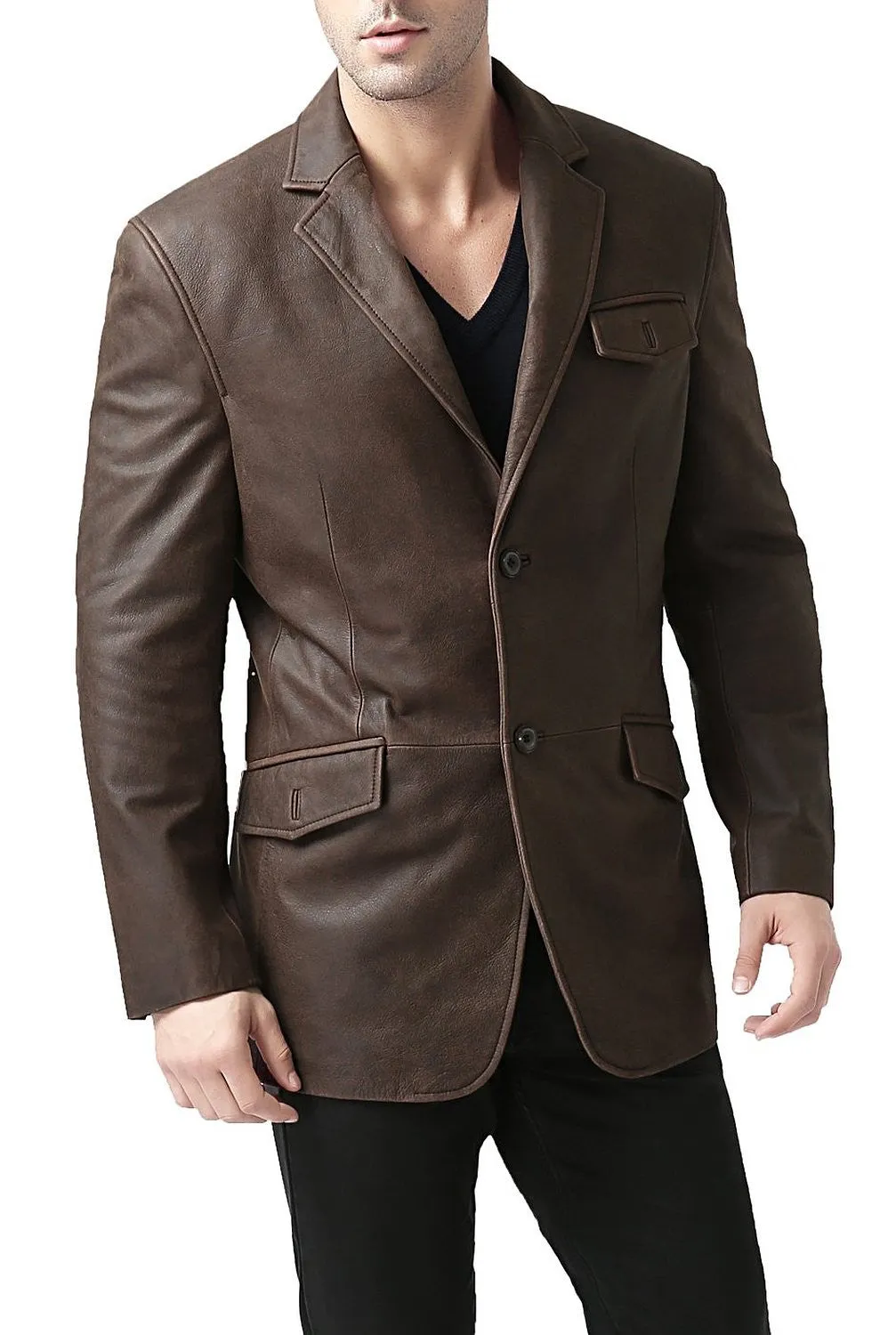 BGSD Men Two-Button Cowhide Leather Blazer