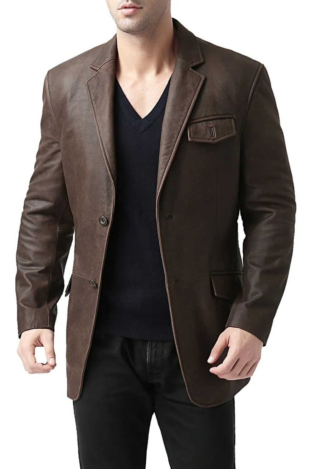 BGSD Men Two-Button Cowhide Leather Blazer