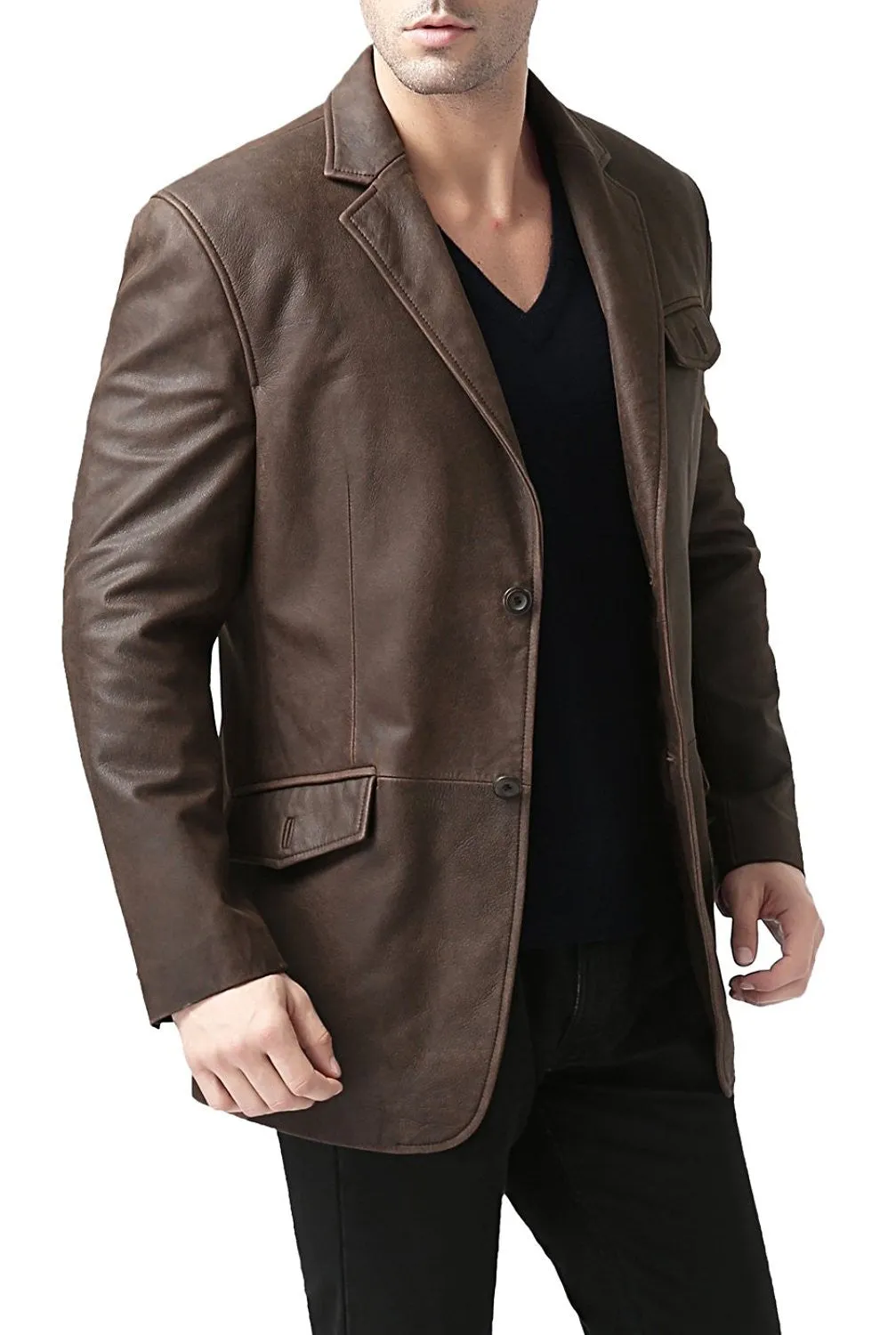 BGSD Men Two-Button Cowhide Leather Blazer