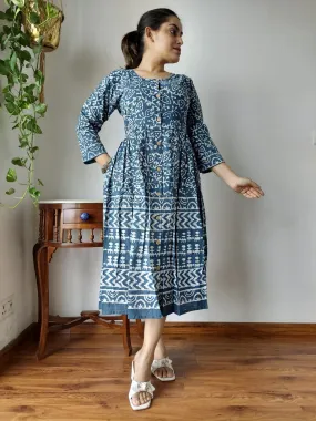 Blue Bagru Print Cotton Dress