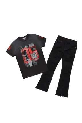 Boys Beau Black T-Shirt/Stacked Flare Jean Set