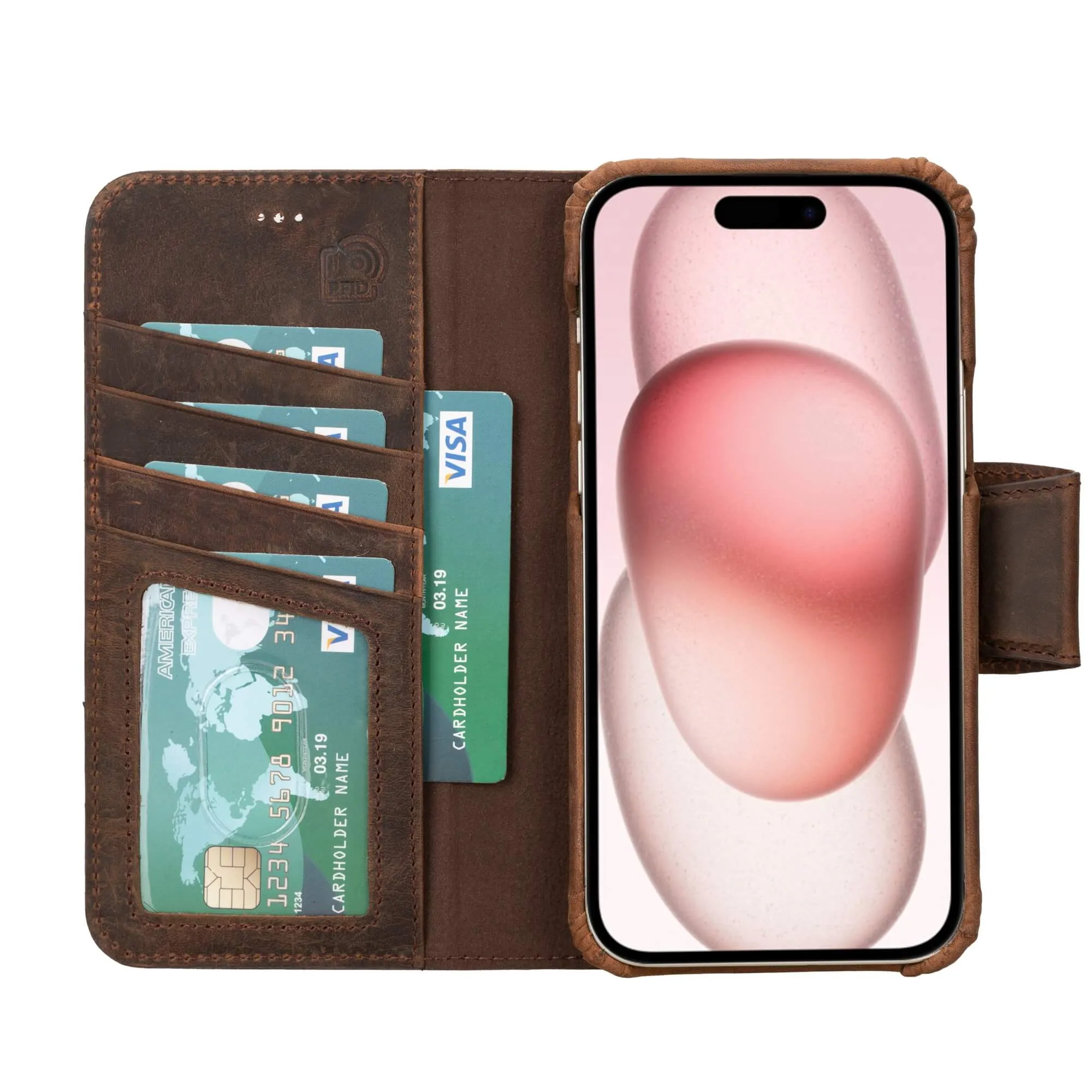 Burkley iPhone 15 Plus Wallet Case, Distressed Coffee