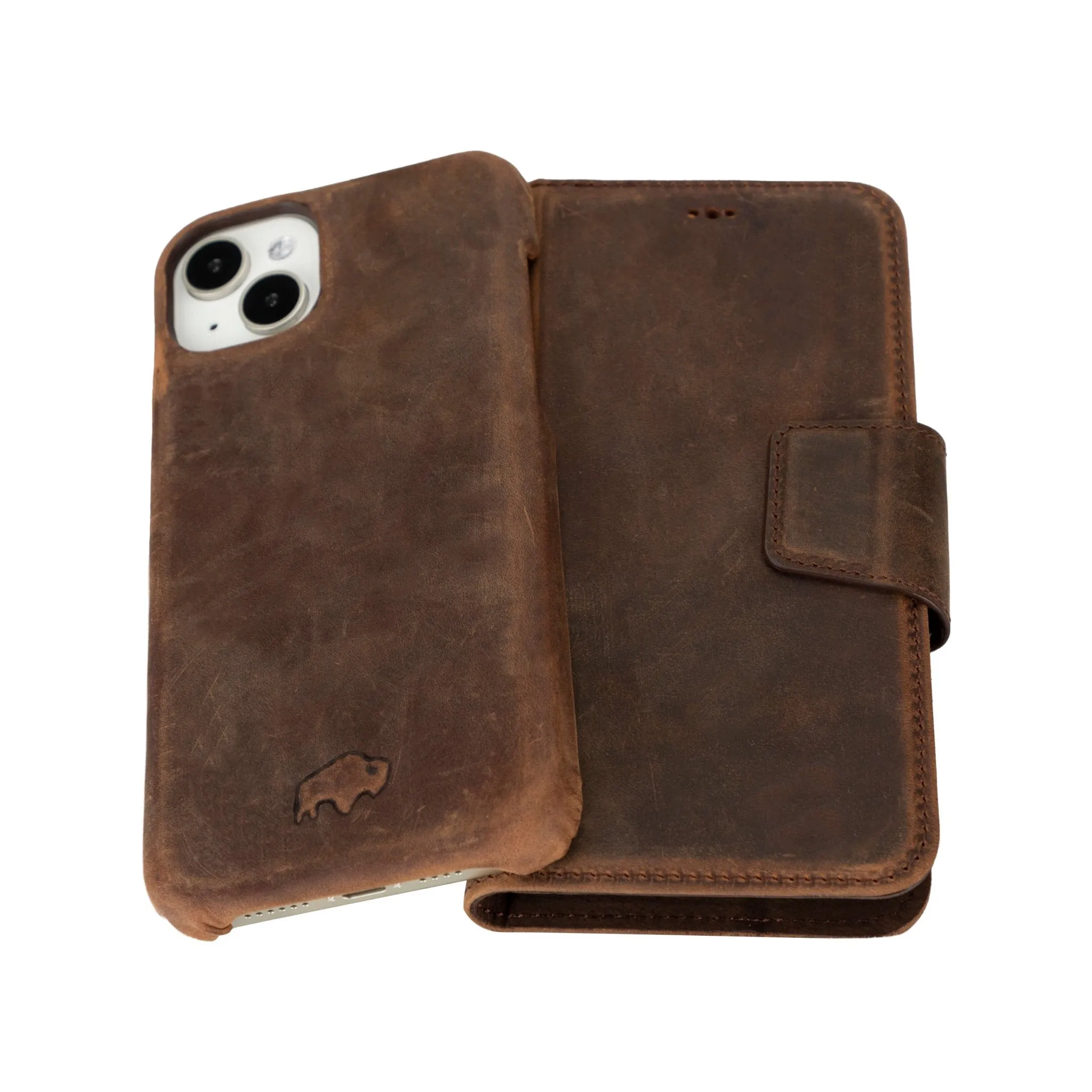 Burkley iPhone 15 Plus Wallet Case, Distressed Coffee