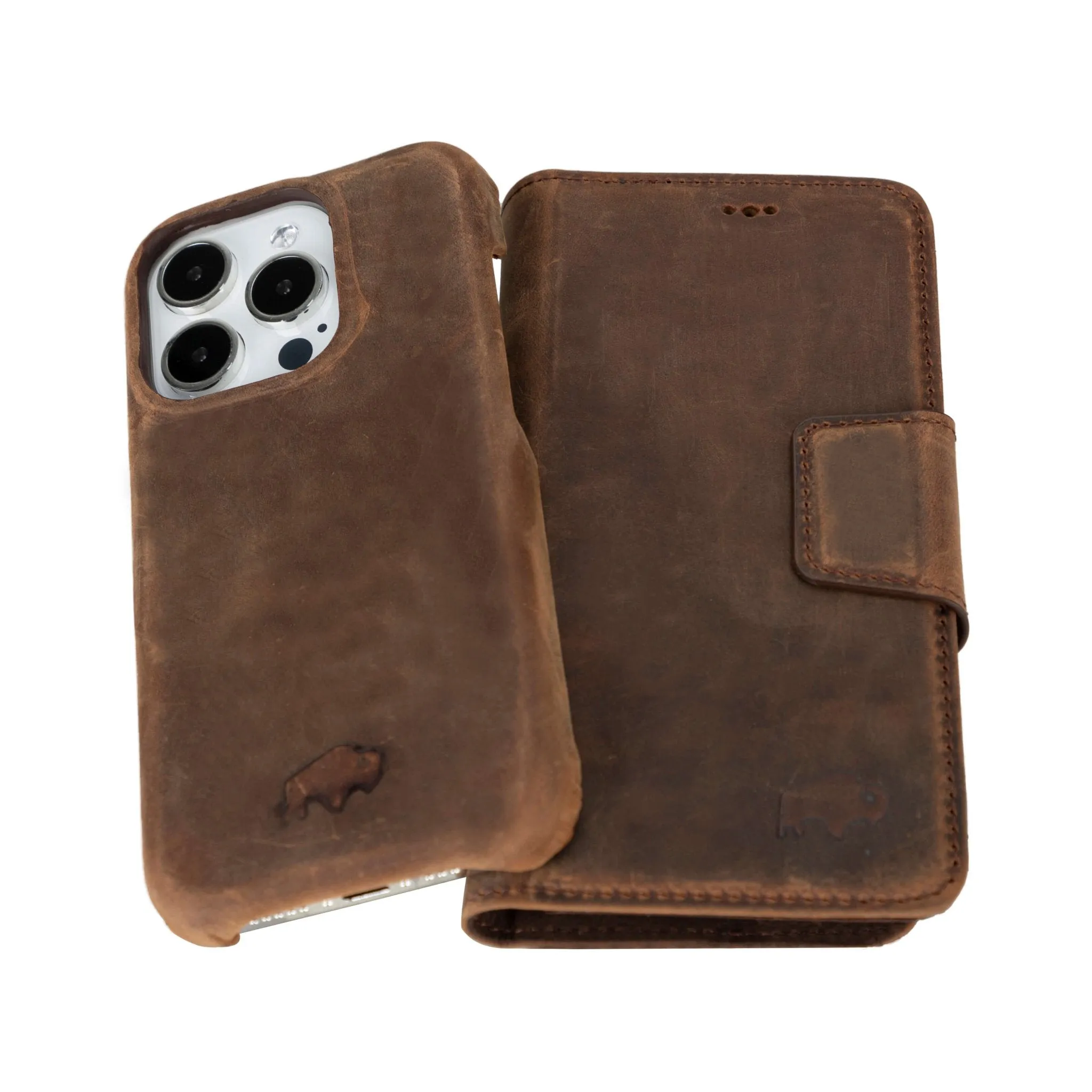 Burkley iPhone 15 Pro Wallet Case, Distressed Coffee