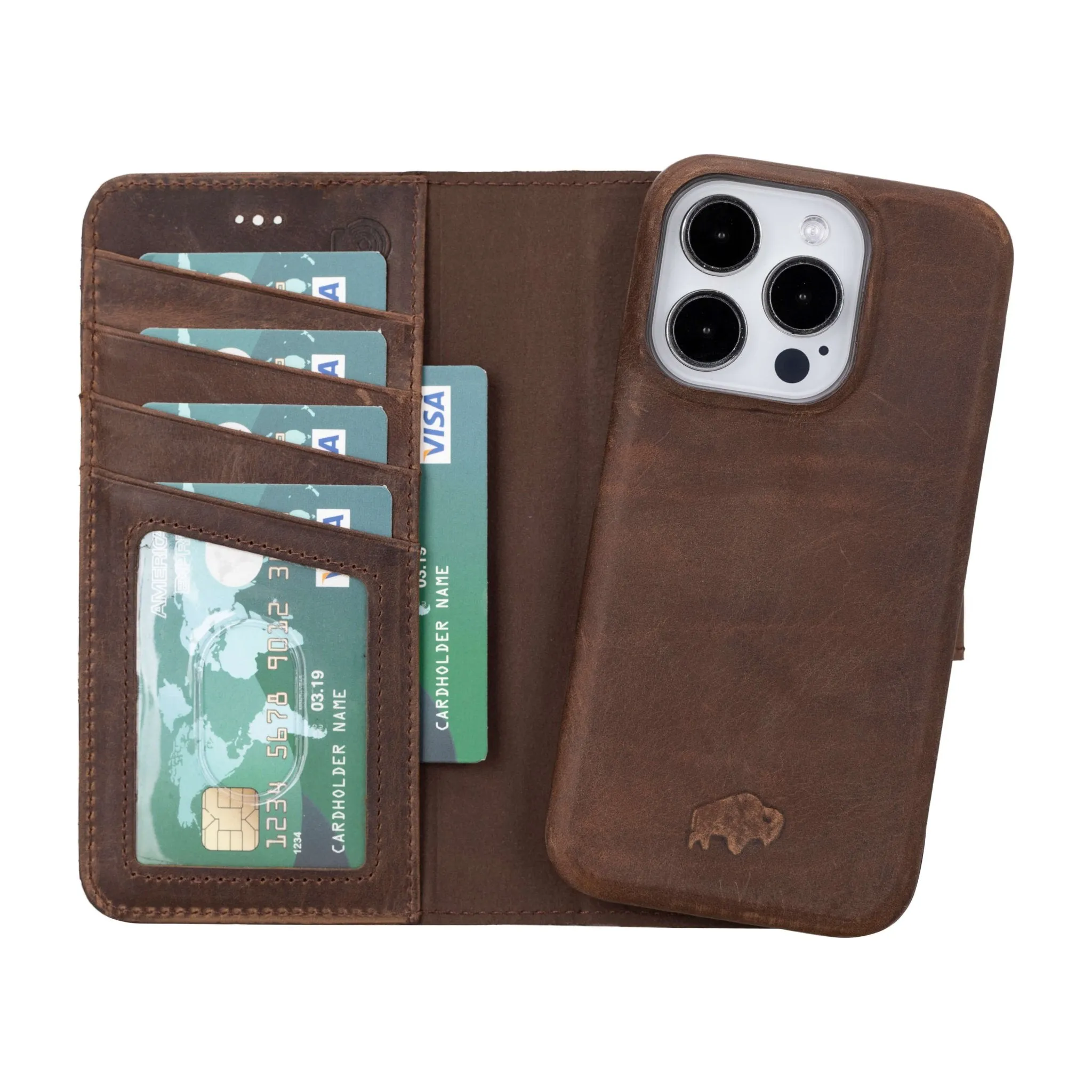 Burkley iPhone 15 Pro Wallet Case, Distressed Coffee