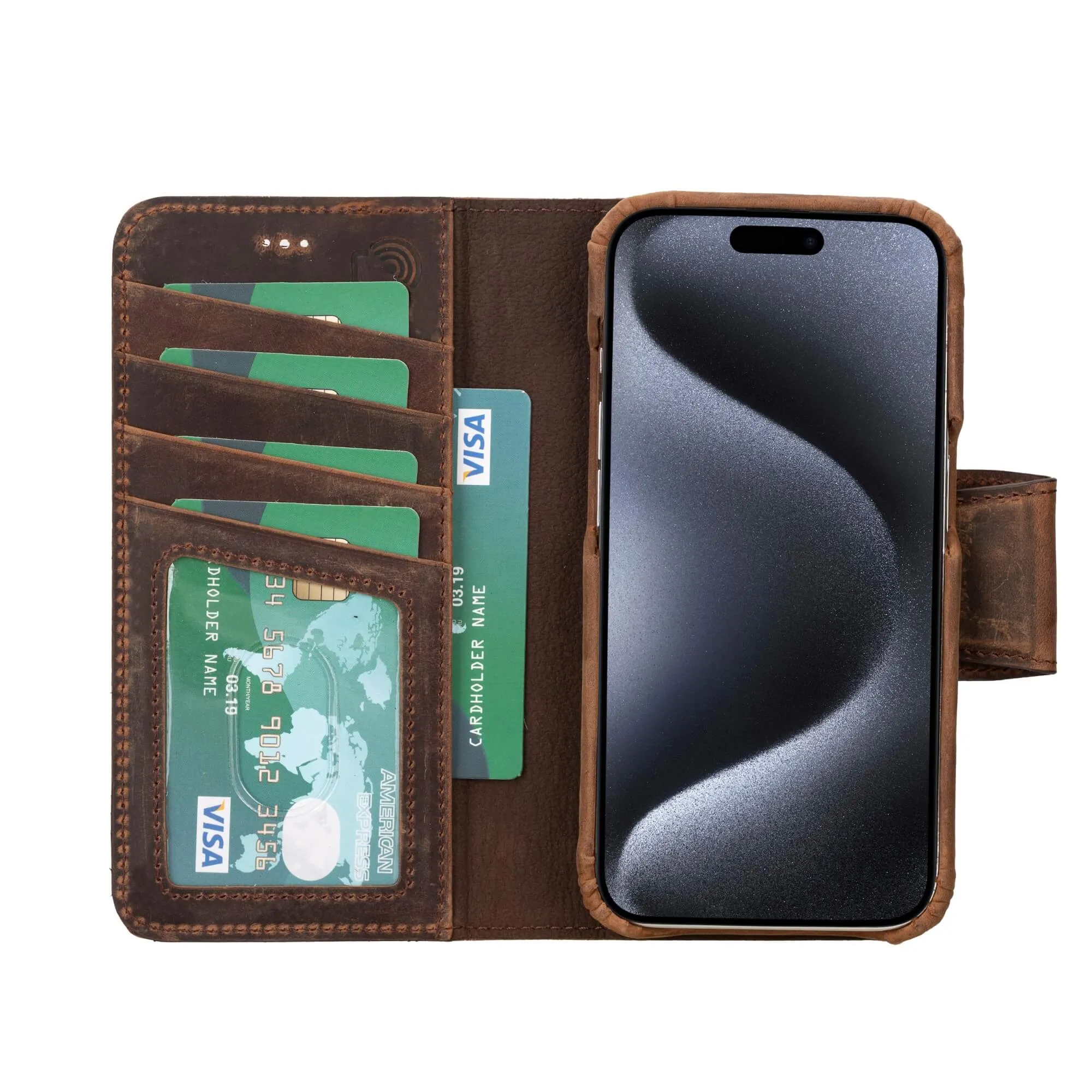 Burkley iPhone 15 Pro Wallet Case, Distressed Coffee