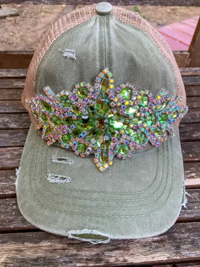 Cassie Distressed Jeweled Detail Cap - Olive