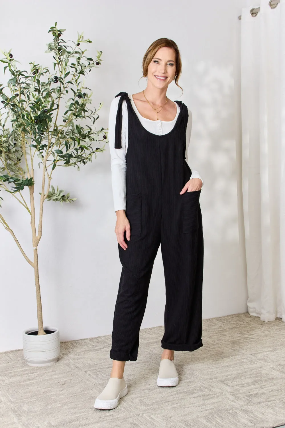 Celeste Full Size Ribbed Tie Shoulder Sleeveless Ankle Overalls