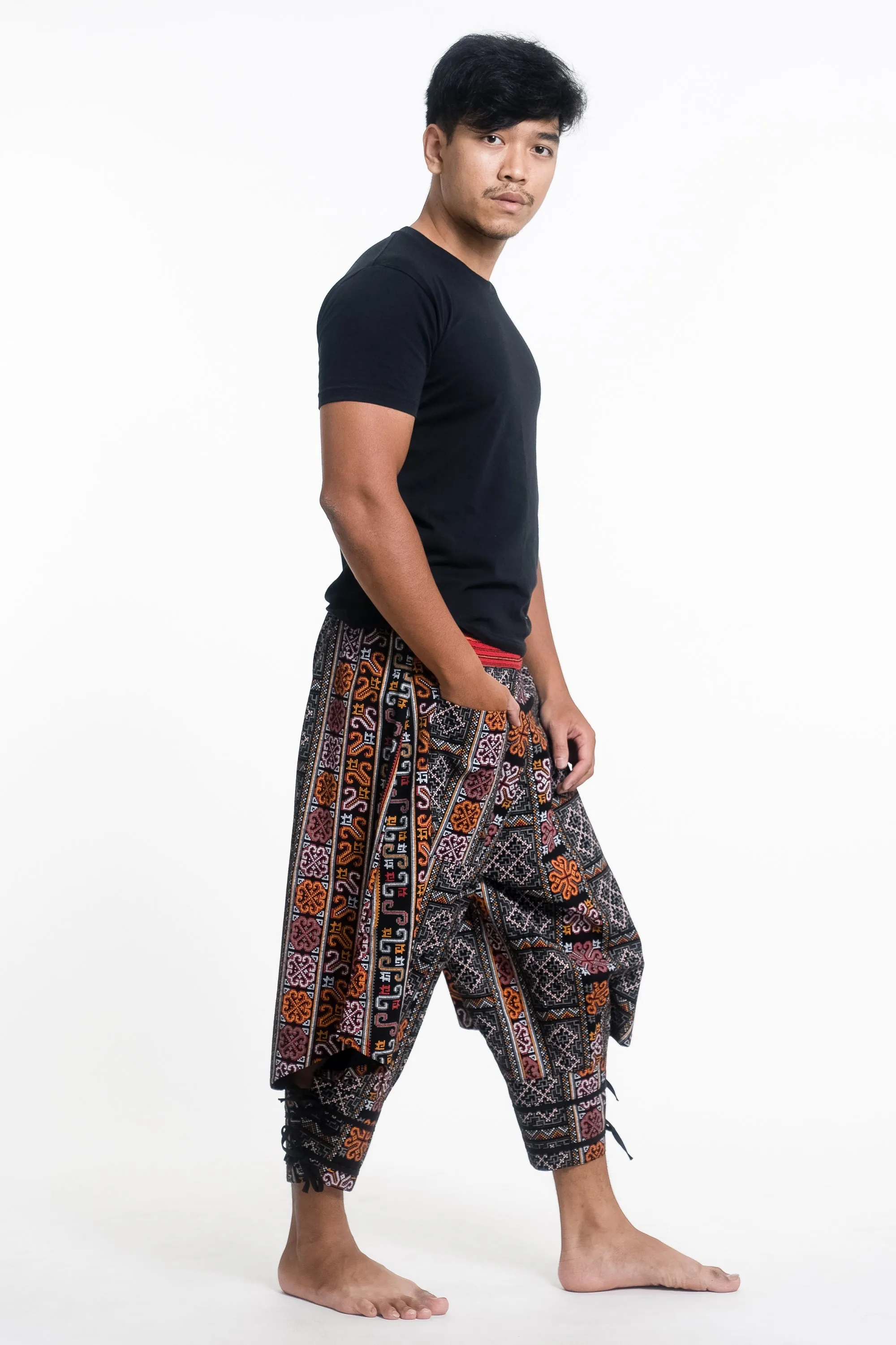 Clovers Thai Hill Tribe Fabric Men's Harem Pants with Ankle Straps in Black