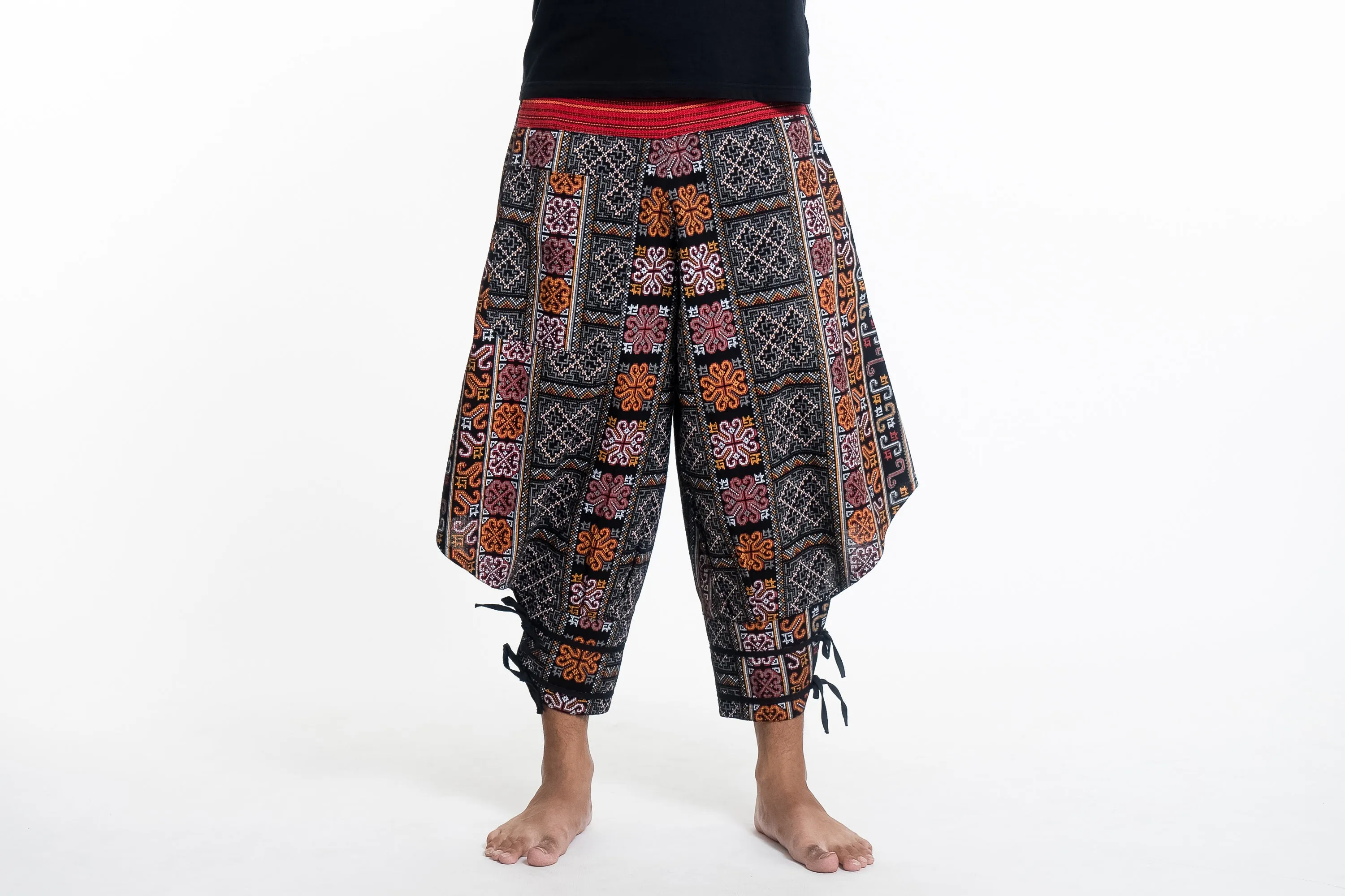 Clovers Thai Hill Tribe Fabric Men's Harem Pants with Ankle Straps in Black