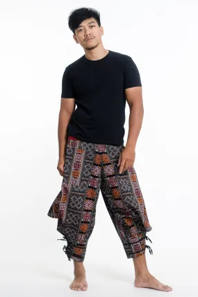 Clovers Thai Hill Tribe Fabric Men's Harem Pants with Ankle Straps in Black