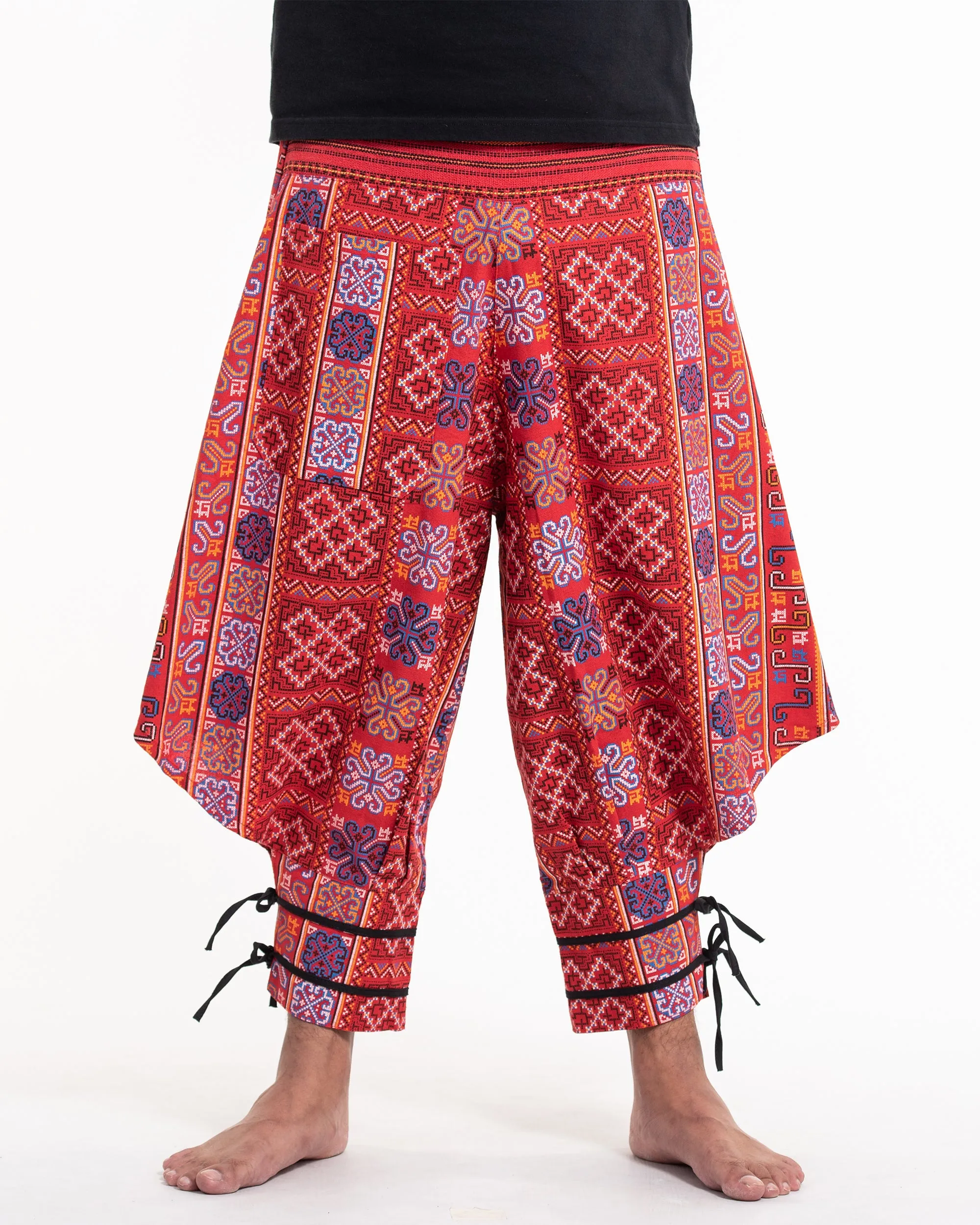 Clovers Thai Hill Tribe Fabric Men's Harem Pants with Ankle Straps in Bright Red