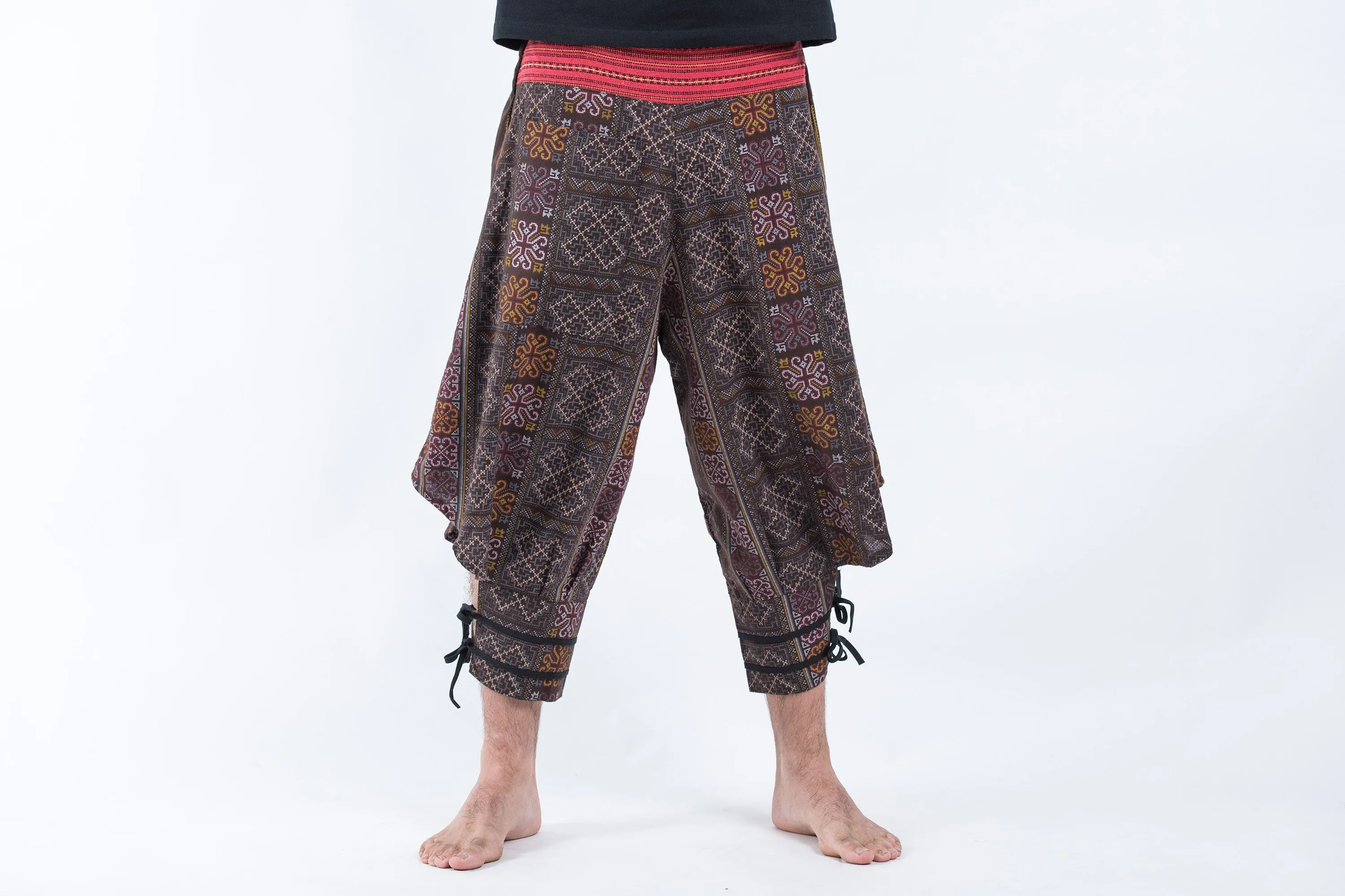 Clovers Thai Hill Tribe Fabric Men's Harem Pants with Ankle Straps in Brown