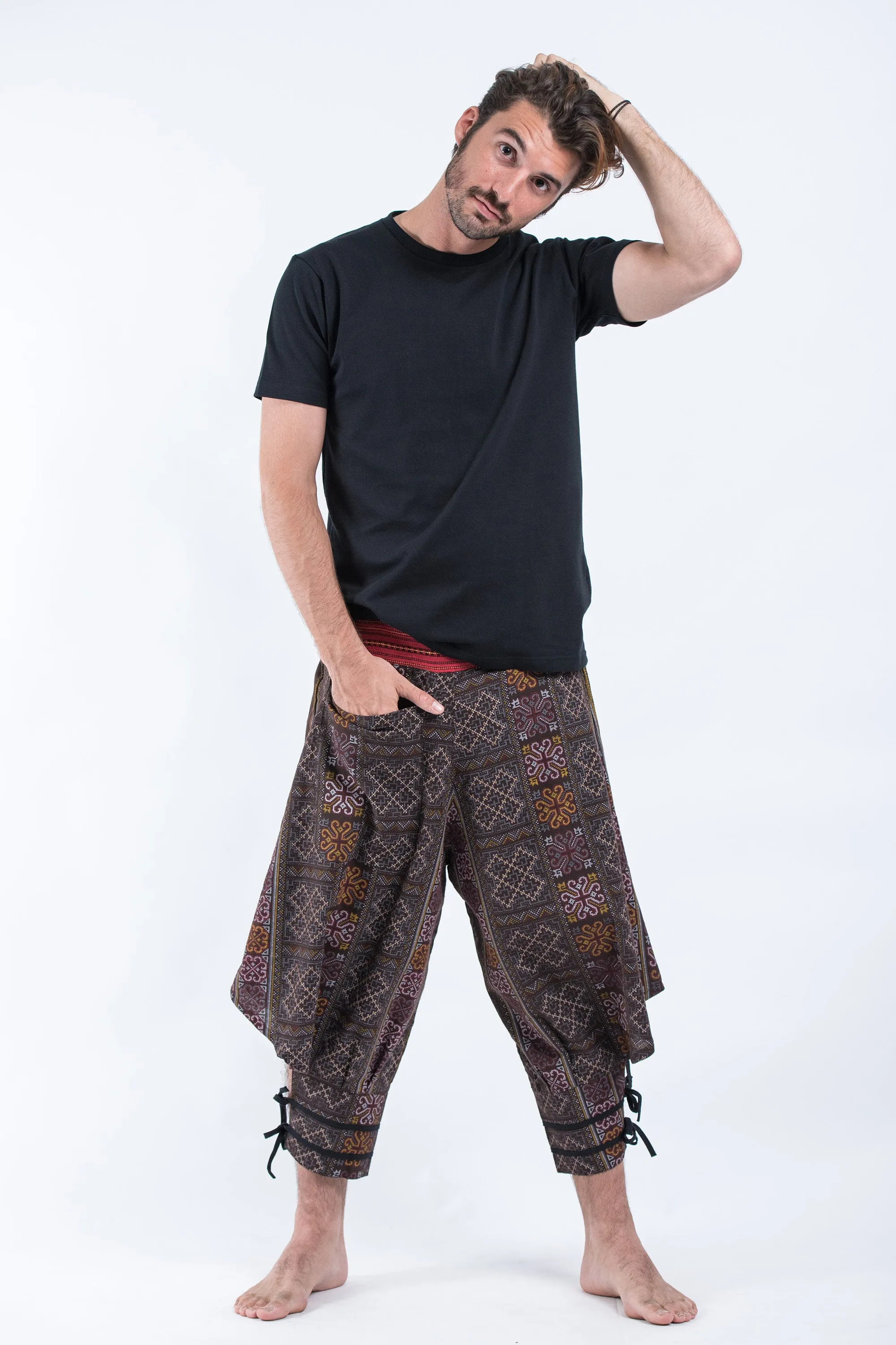 Clovers Thai Hill Tribe Fabric Men's Harem Pants with Ankle Straps in Brown