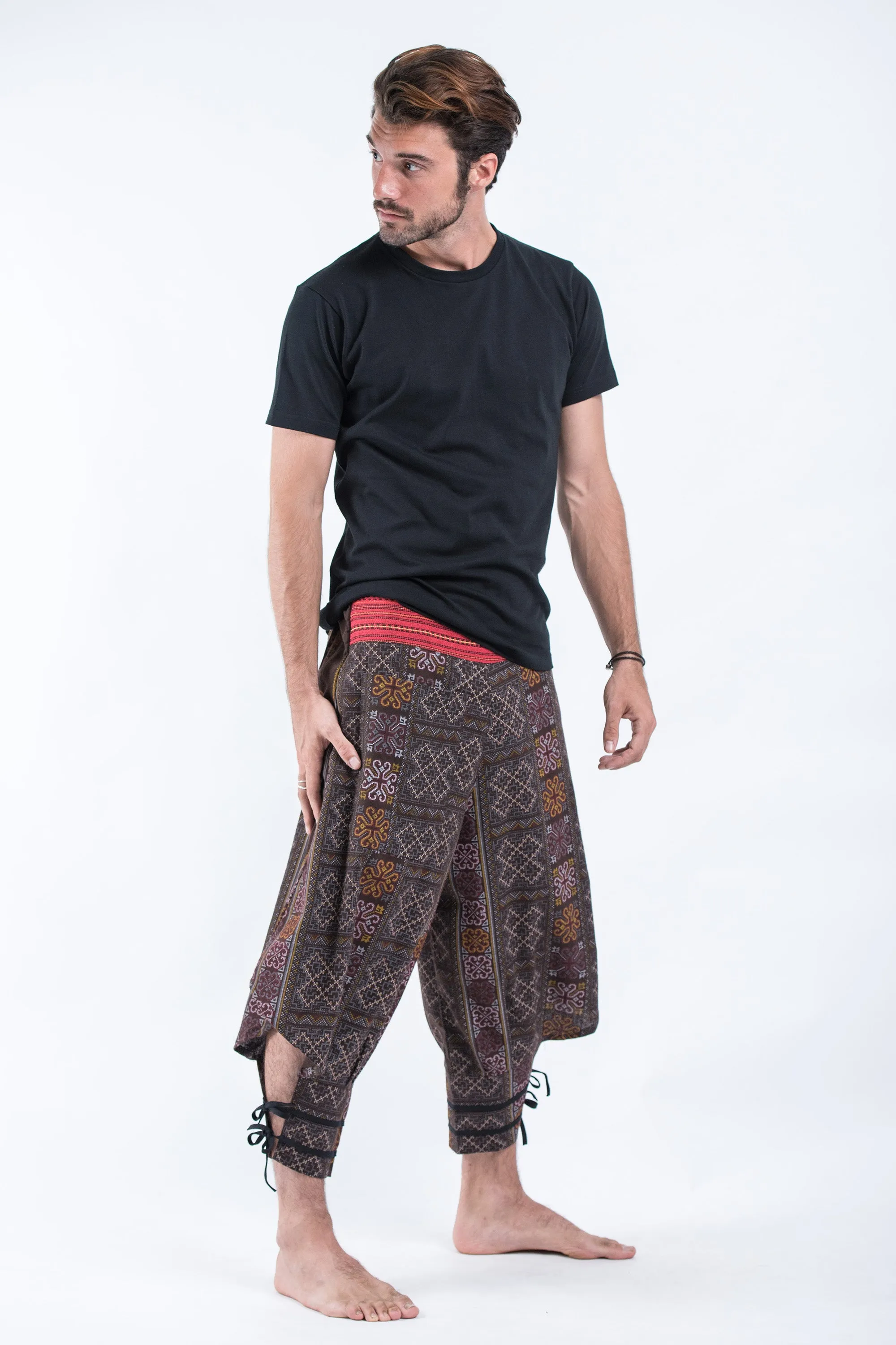 Clovers Thai Hill Tribe Fabric Men's Harem Pants with Ankle Straps in Brown