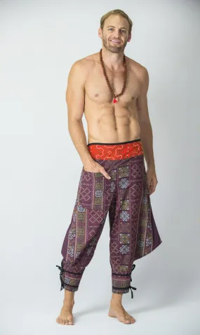 Clovers Thai Hill Tribe Fabric Men's Harem Pants with Ankle Straps in Plum