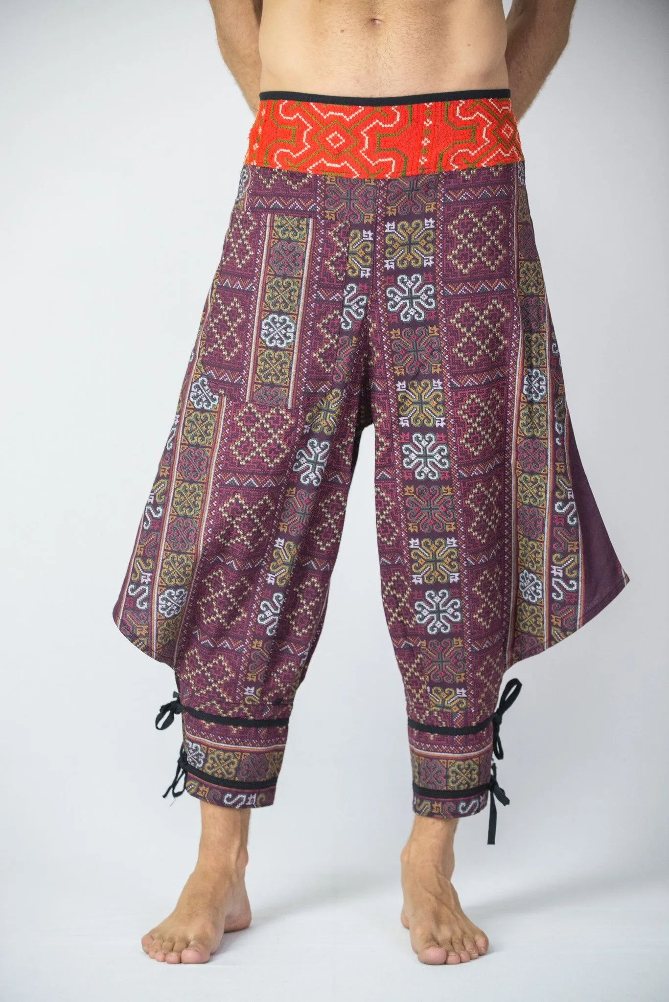 Clovers Thai Hill Tribe Fabric Men's Harem Pants with Ankle Straps in Plum