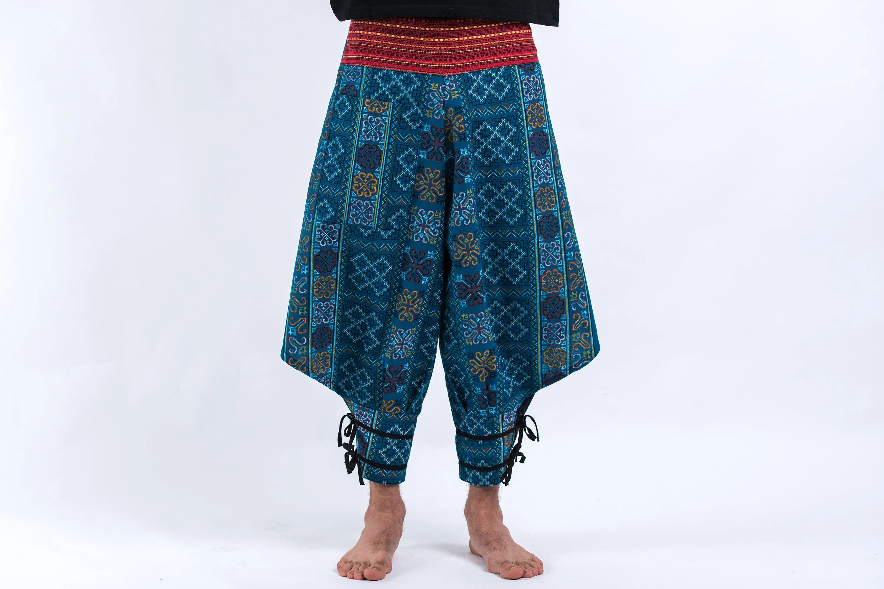 Clovers Thai Hill Tribe Fabric Men's Harem Pants with Ankle Straps in Turquoise