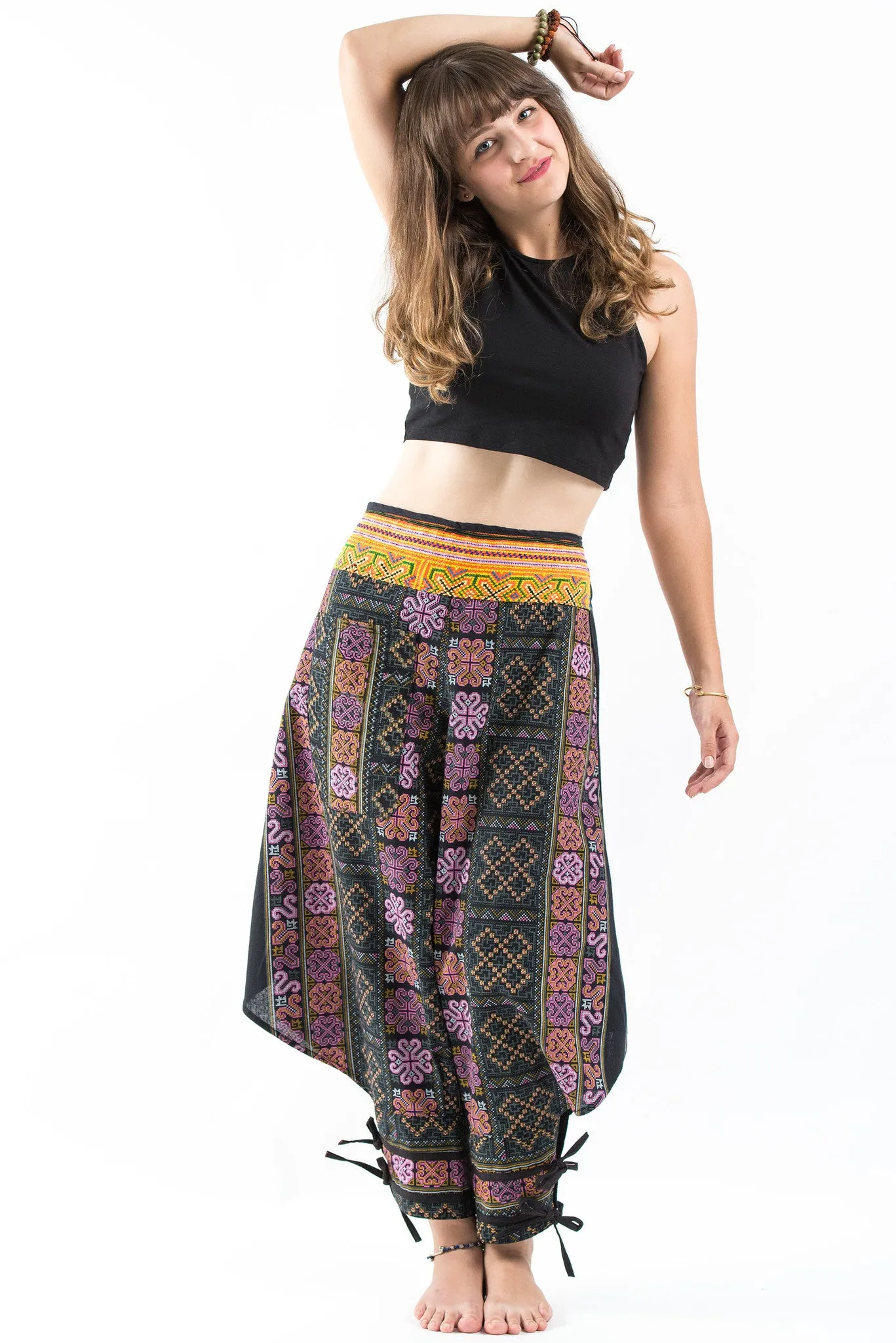 Clovers Thai Hill Tribe Fabric Women's Harem Pants with Ankle Straps in Black Pink