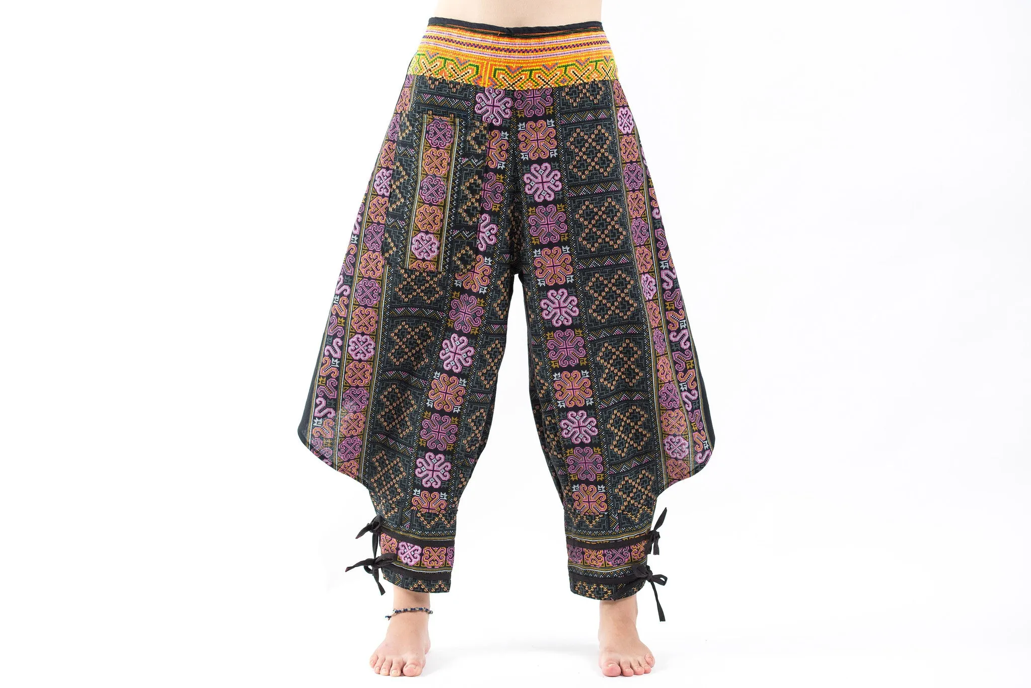 Clovers Thai Hill Tribe Fabric Women's Harem Pants with Ankle Straps in Black Pink