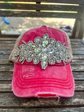 Cora Distressed Jeweled Detail Cap - Red