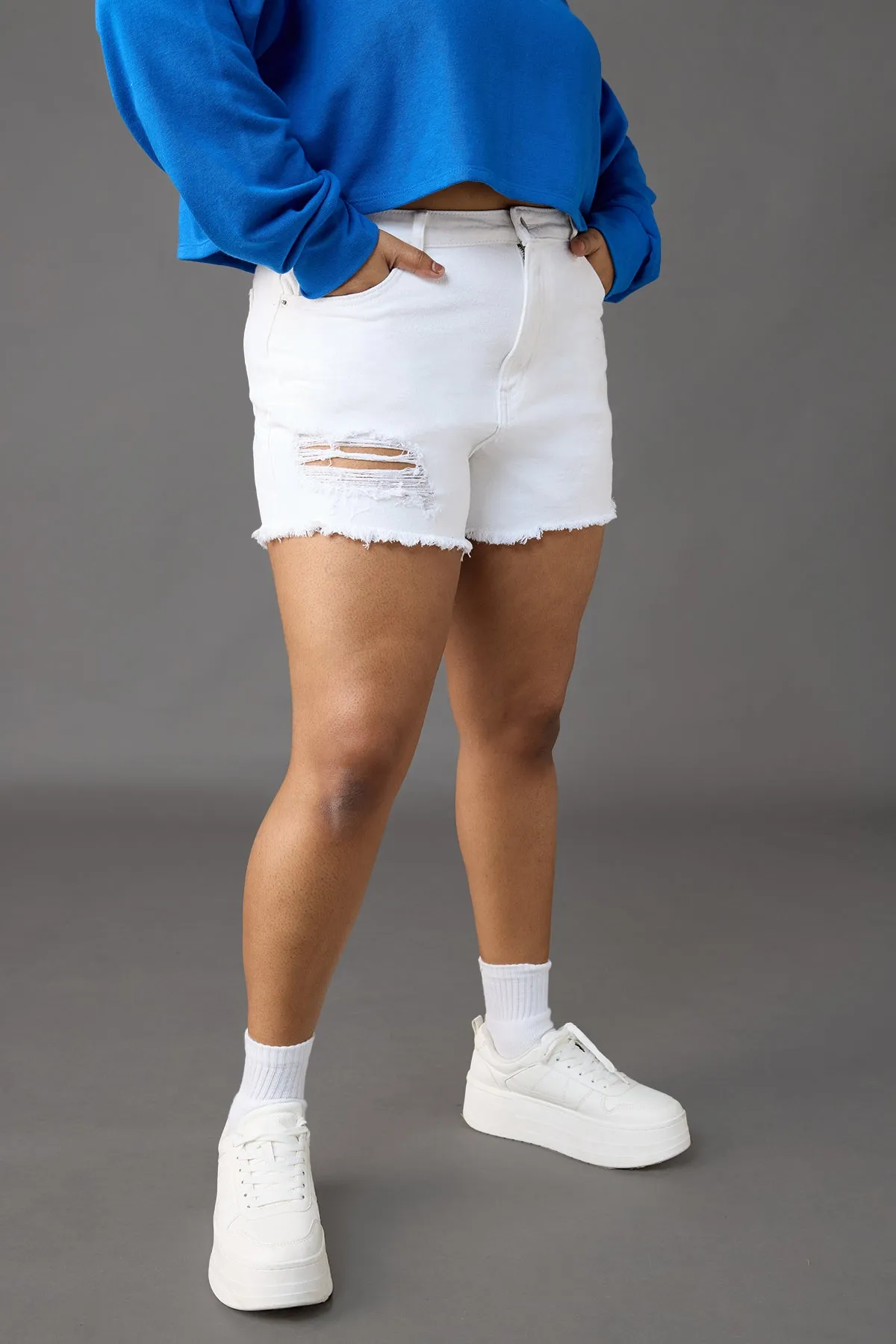 Curve White Distressed Jean Shorts