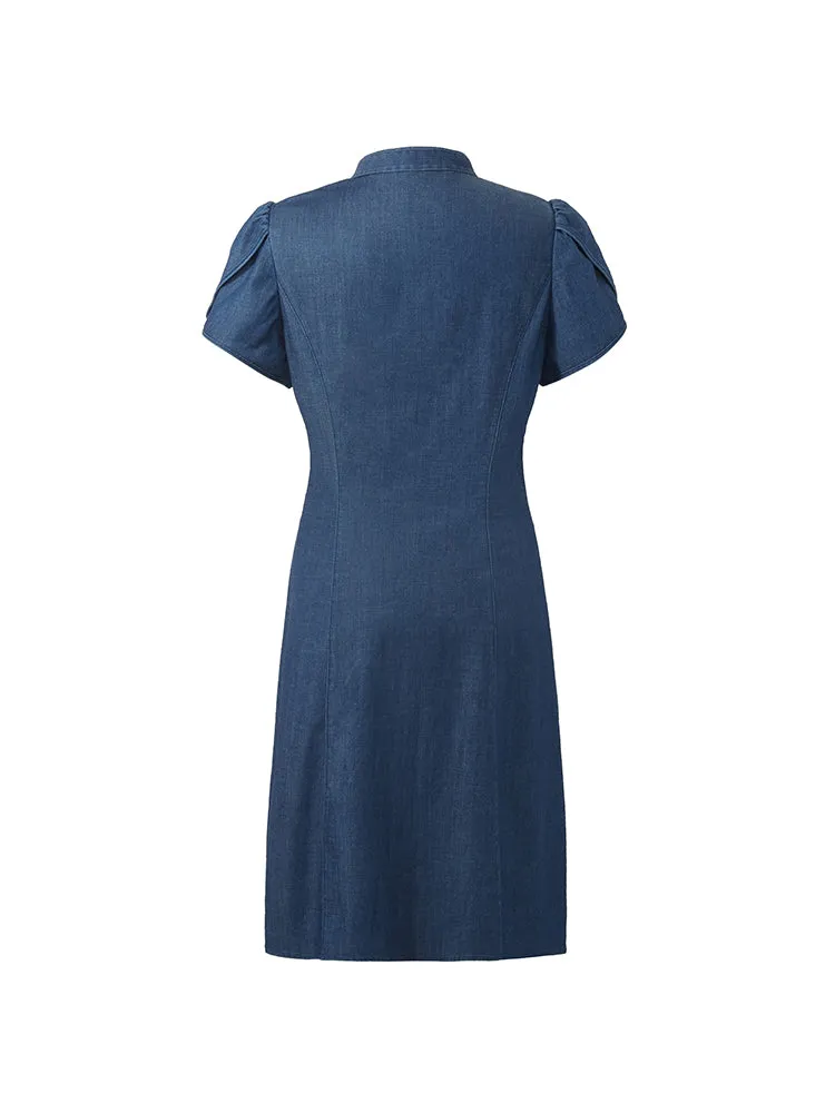 Denim Petal Sleeves Women Qipao Mini Dress