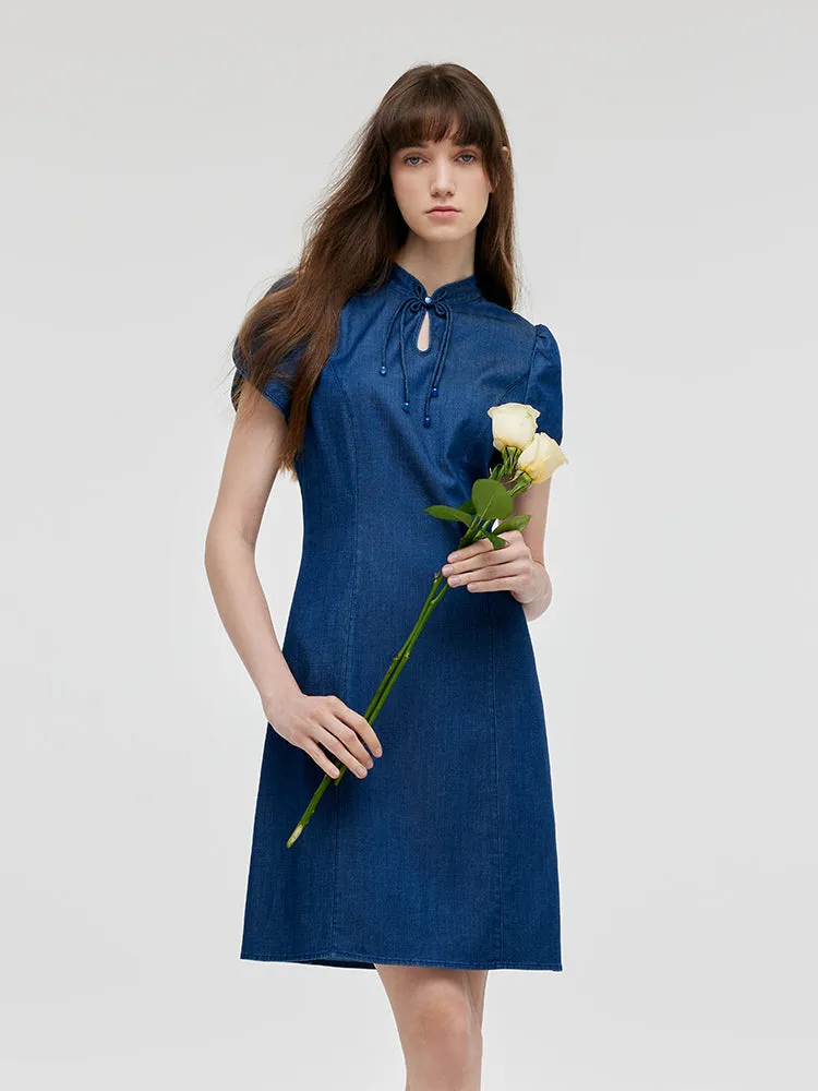 Denim Petal Sleeves Women Qipao Mini Dress