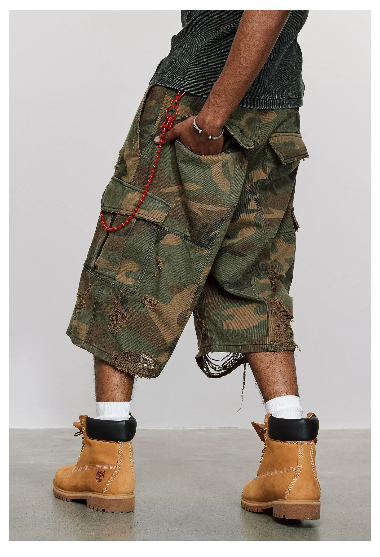 Distressed Camouflage Cargo Shorts