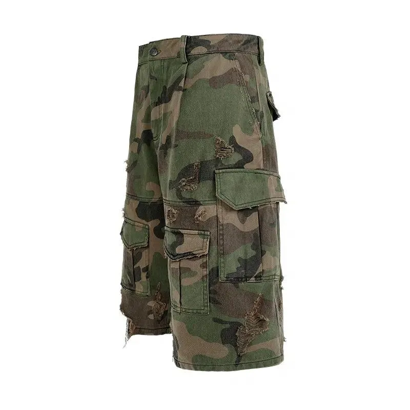 Distressed Camouflage Cargo Shorts