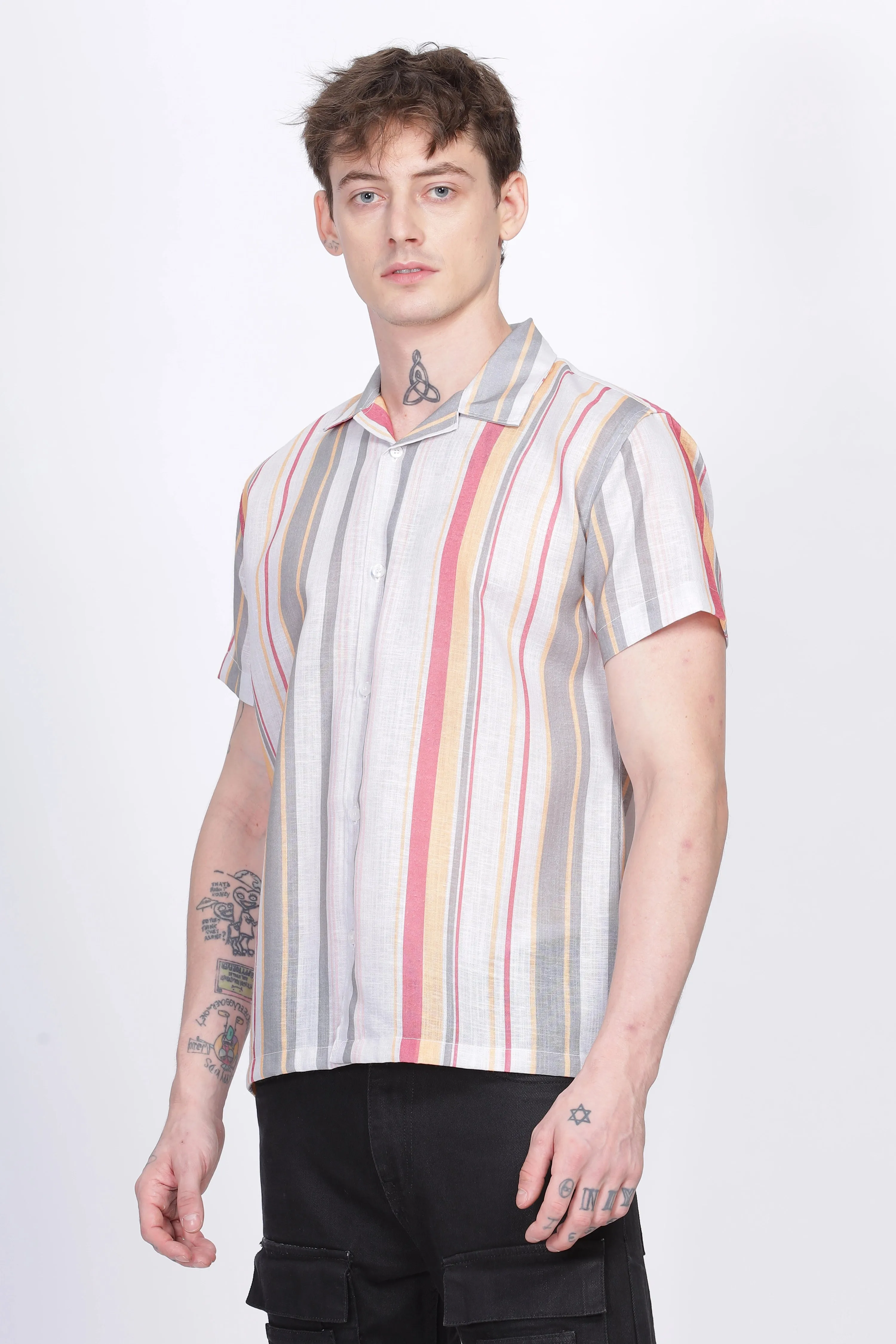 Gray stripe printed linen shirt for men