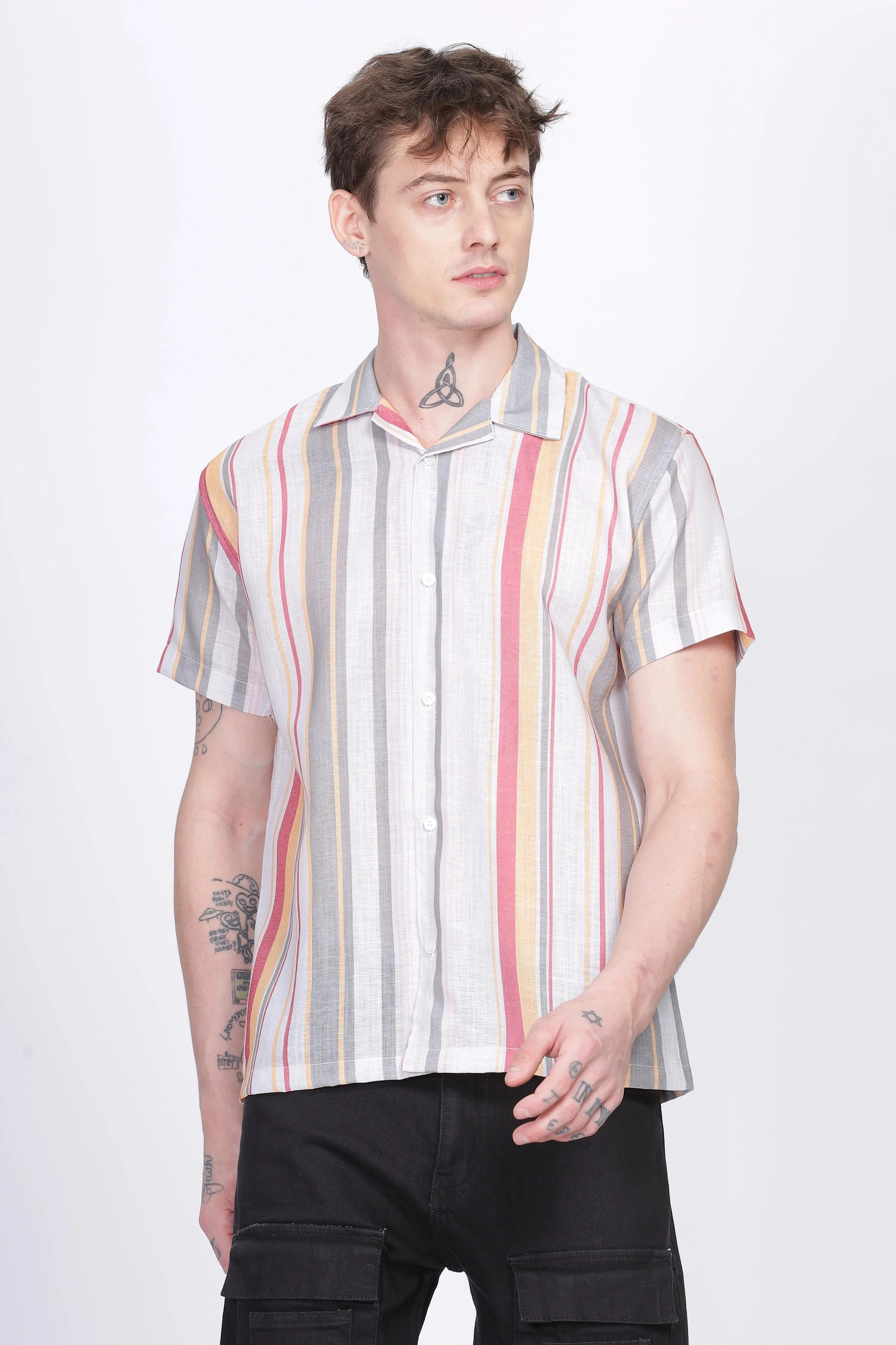 Gray stripe printed linen shirt for men