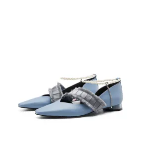 Ladies Pearl Ankle Strap Low Heel Pumps 5574 Blue