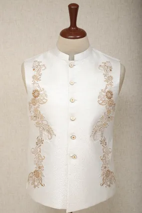 Men Premium Embroidered Waistcoat Off-White