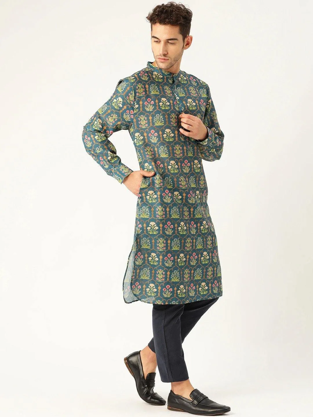 Men Teal Blue & Yellow Printed Straight Kurta