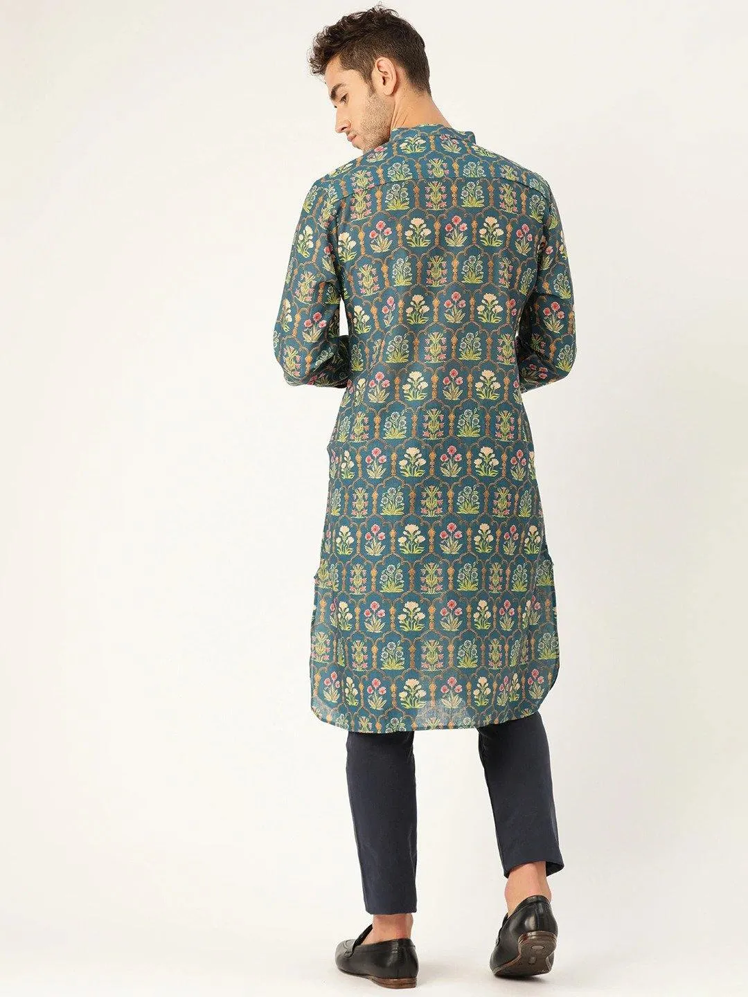 Men Teal Blue & Yellow Printed Straight Kurta