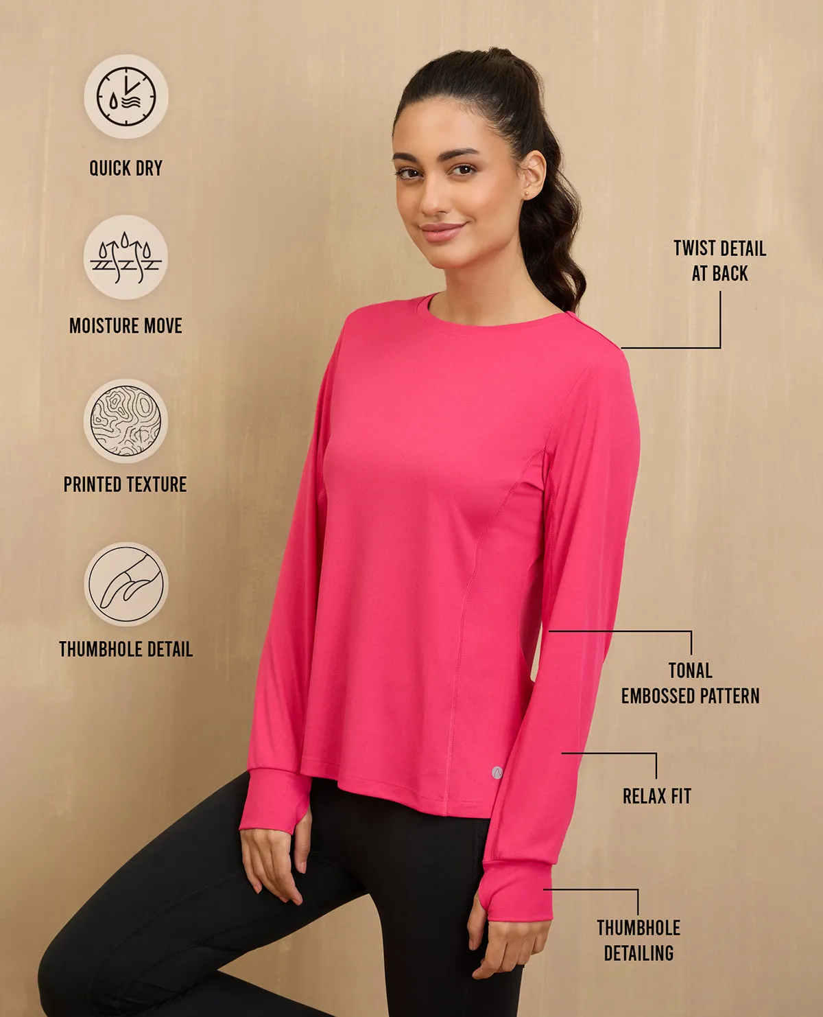 NYKD By Nykaa Back Twist Full sleeve Running Tee -NYK802-Red