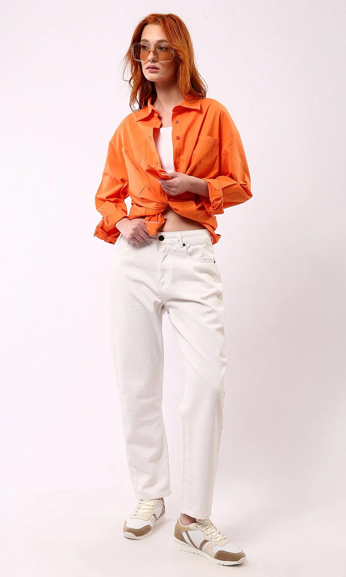 O177909 Solid Orange Casual Shirt With Turn Down Collar