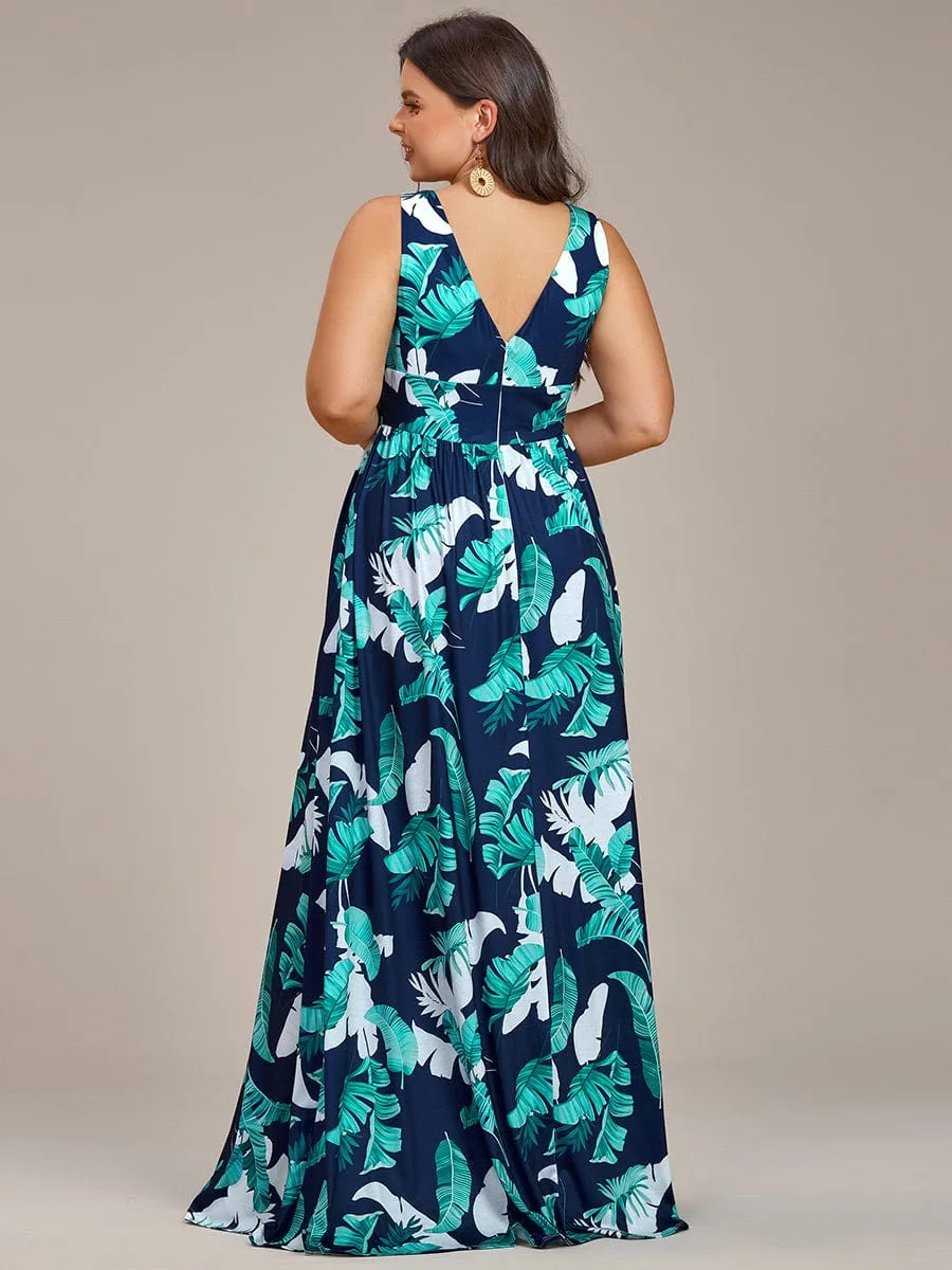 Plus Size Floral Sleeveless High-Slit Ankle Length Evening Dress