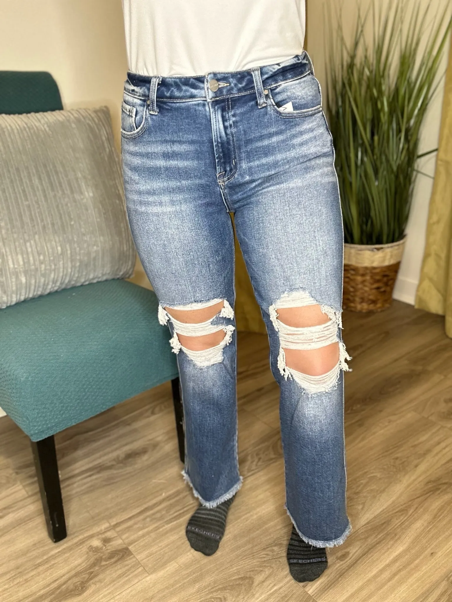 Risen Distressed Ankle Flare Jeans