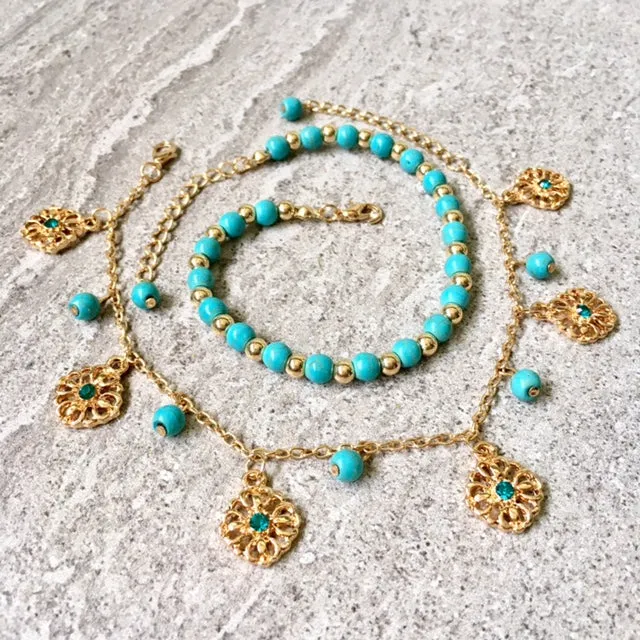 TURQUOISE BLUE BOHO INSPIRED GOLD PLATED 2 PIECE ANKLET / ANKLE BRACELET SET