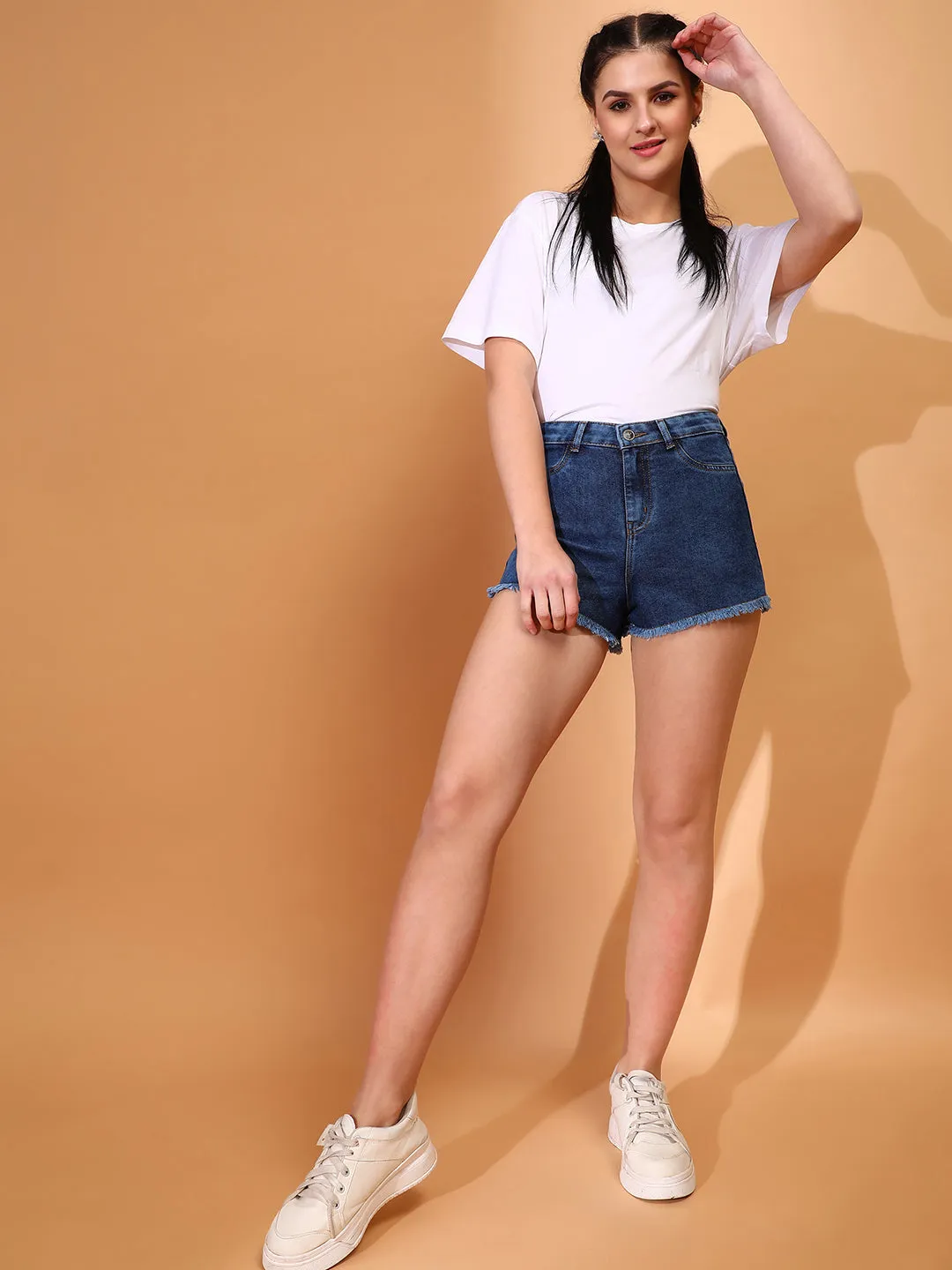 Women Denim solid Dark Blue Shorts