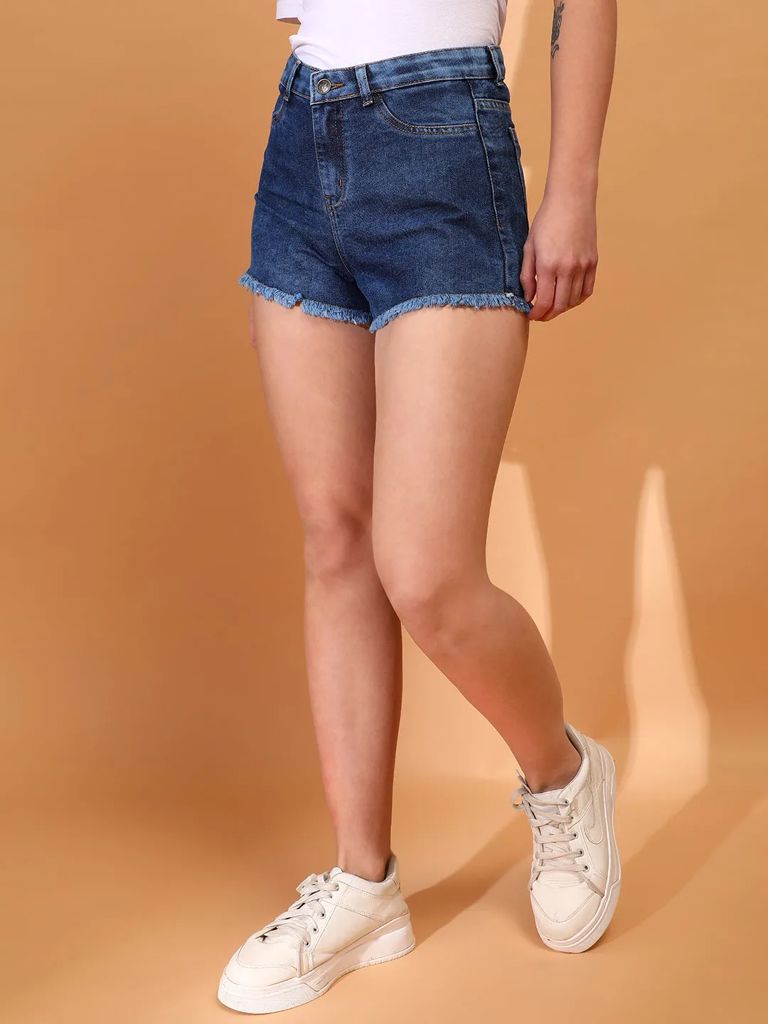 Women Denim solid Dark Blue Shorts